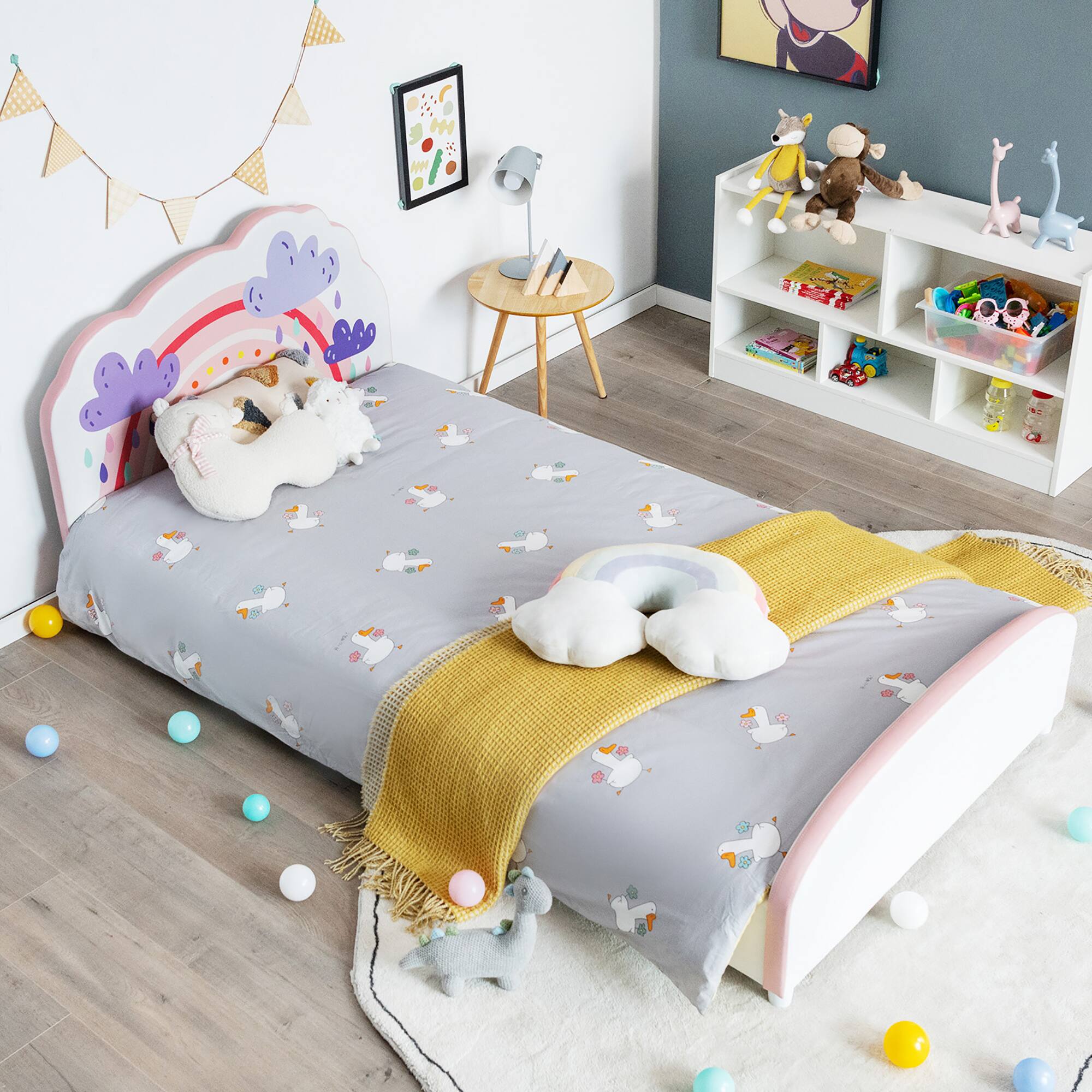 Alt View 3. Costway - Costway Kids Upholstered Platform Bed Children Twin Size Wooden Bed Rainbow Pattern - White.