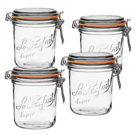 Le Parfait - Super Terrine - 750ml French Glass Canning Jar w/Straight Body, Airtight Rubber Seal & Glass Lid, 24oz (Pack of 4)