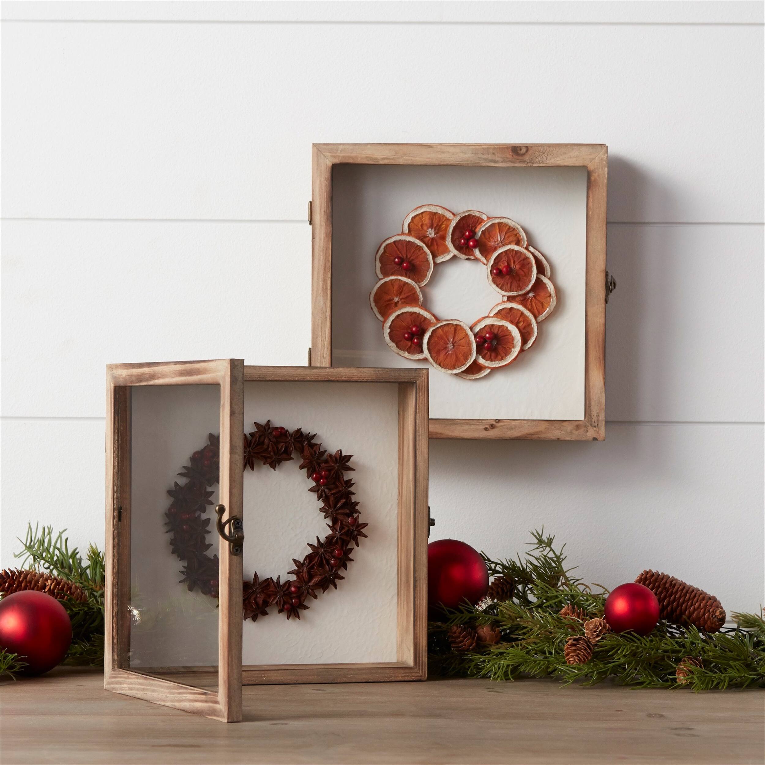 Angle. BreeBe - Dried Fruit Wreath Shadow Box (Set of 2) - Brown, Orange.