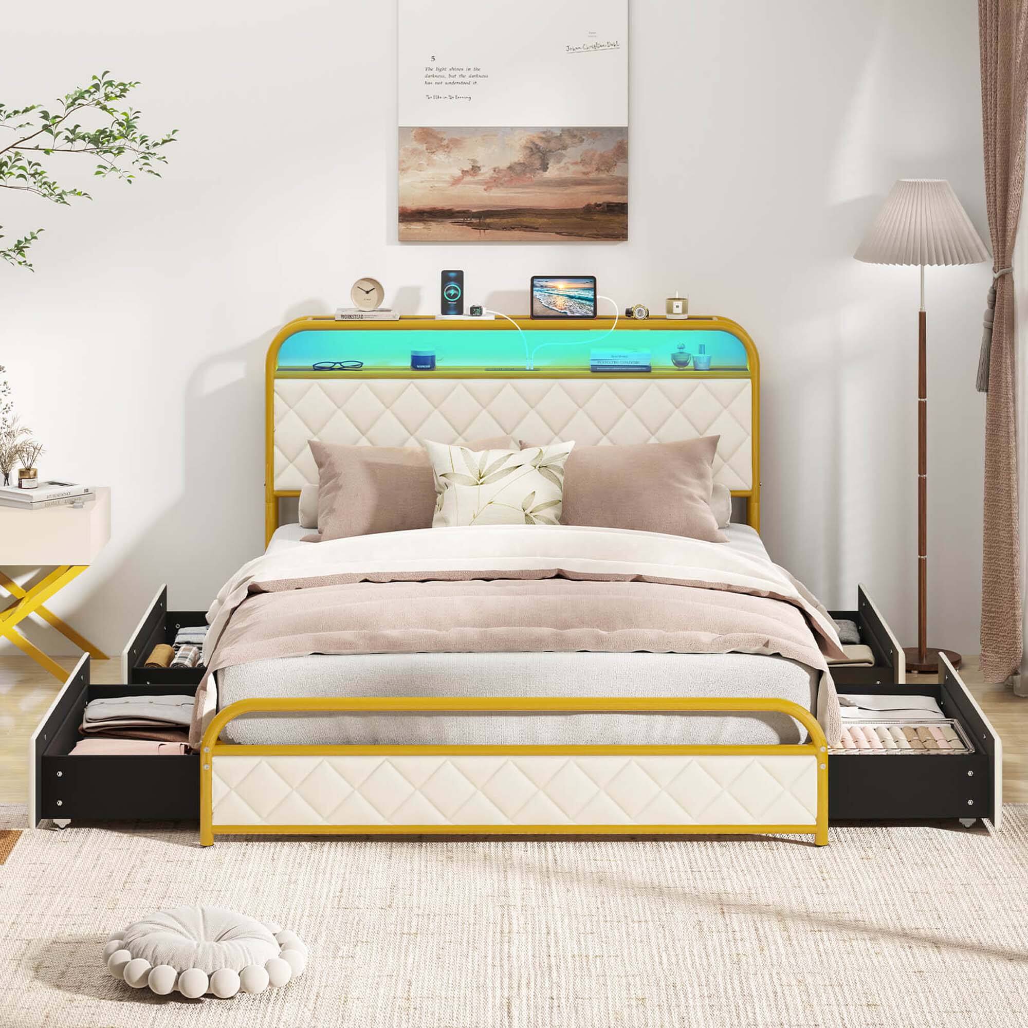 Alt View 4. Costway - Full Size Bed Frame with LED Lights & Charging Station Storage Headboard & Drawers - Golden + White.