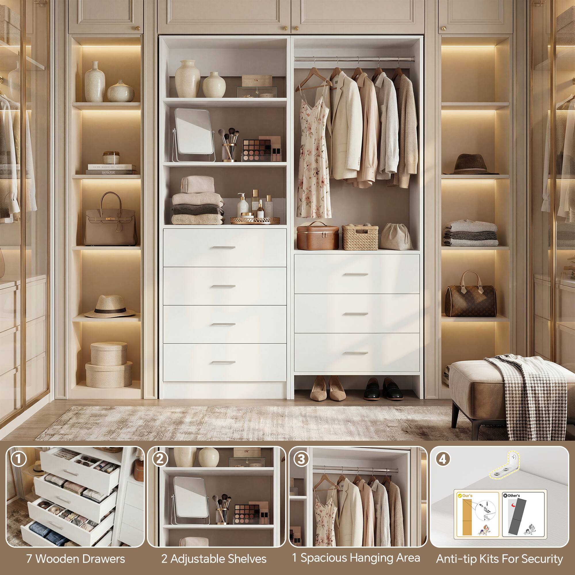 - 7 Wooden Drawers
- 2 Adjustable Shelves
- 1 Spacious Hanging Area
- Anti-tip Kits For Security