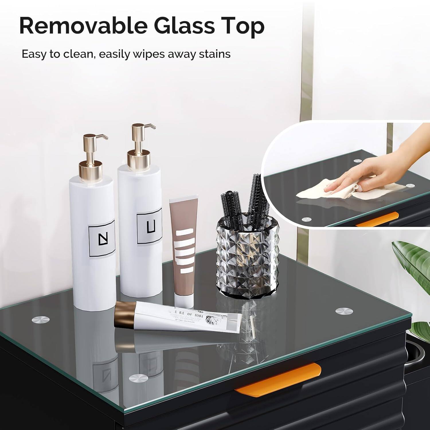 Removable Glass Top  
Easy to clean, easily wipes away stains