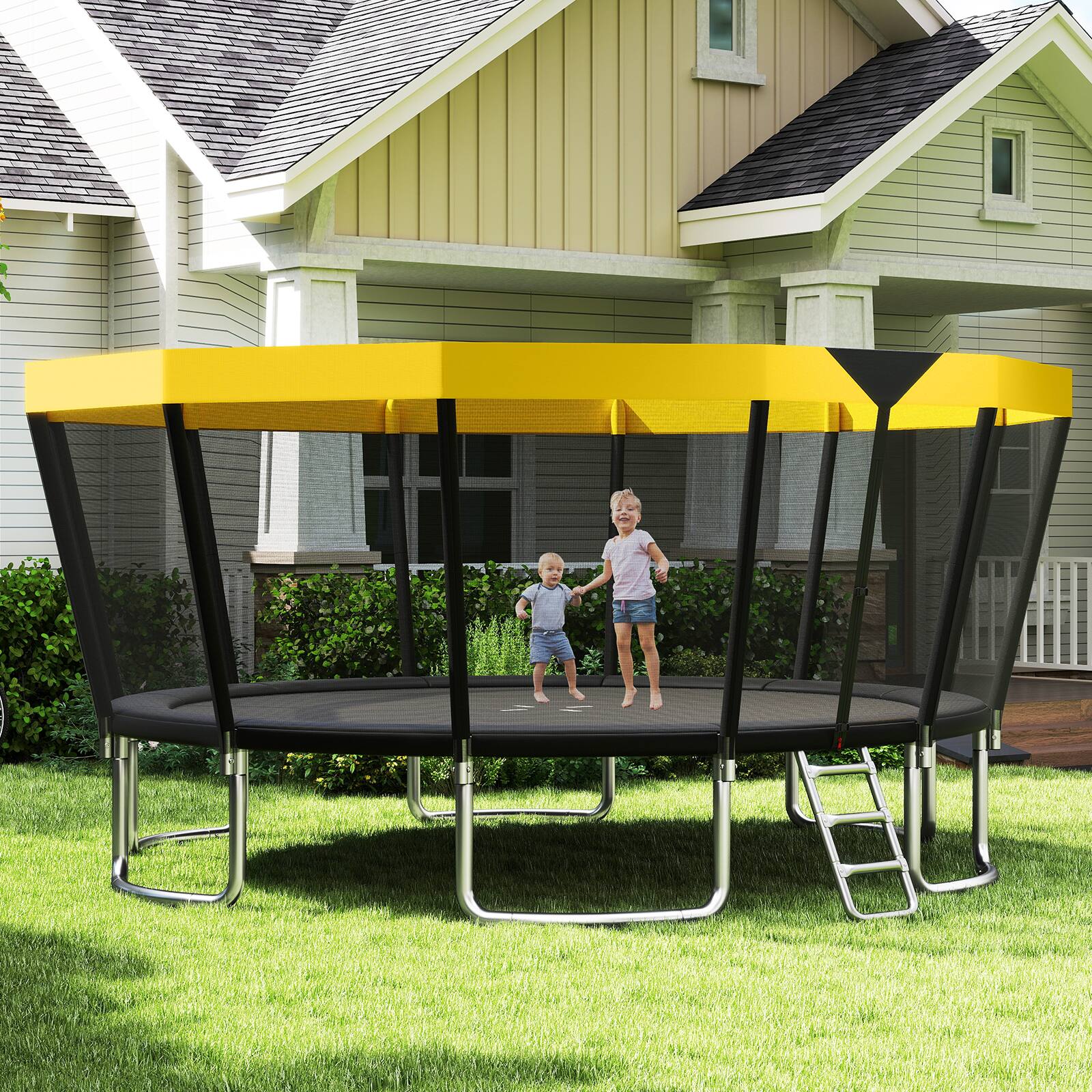 Alt View 1. Gymax - Gymax 16 FT Outdoor Trampoline w/Non-Slip Ladder Enclosure Net & Anti-Rust Coating - Yellow.