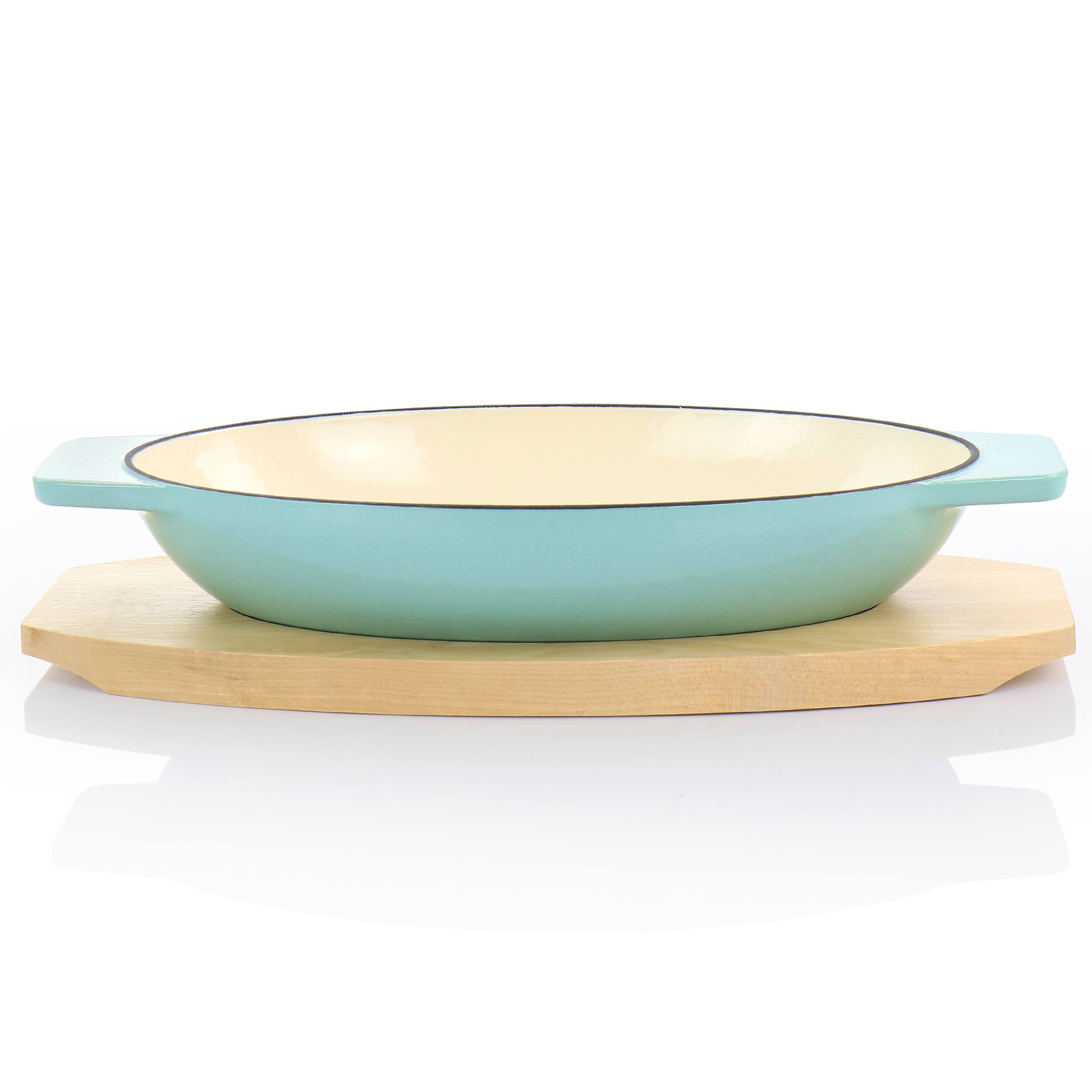 Alt View 1. Martha Stewart - Martha Stewart 2 Piece Enameled Cast Iron Oval Casserole Birch Wood Trivet Set in Aqua - Aqua.