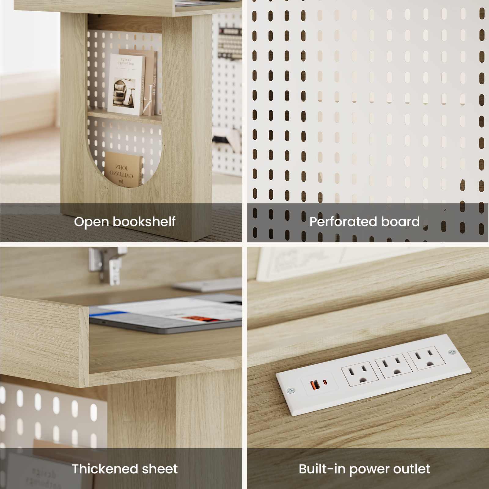 - Open bookshelf
- Perforated board design
- Thickened sheet
- Built-in power outlet