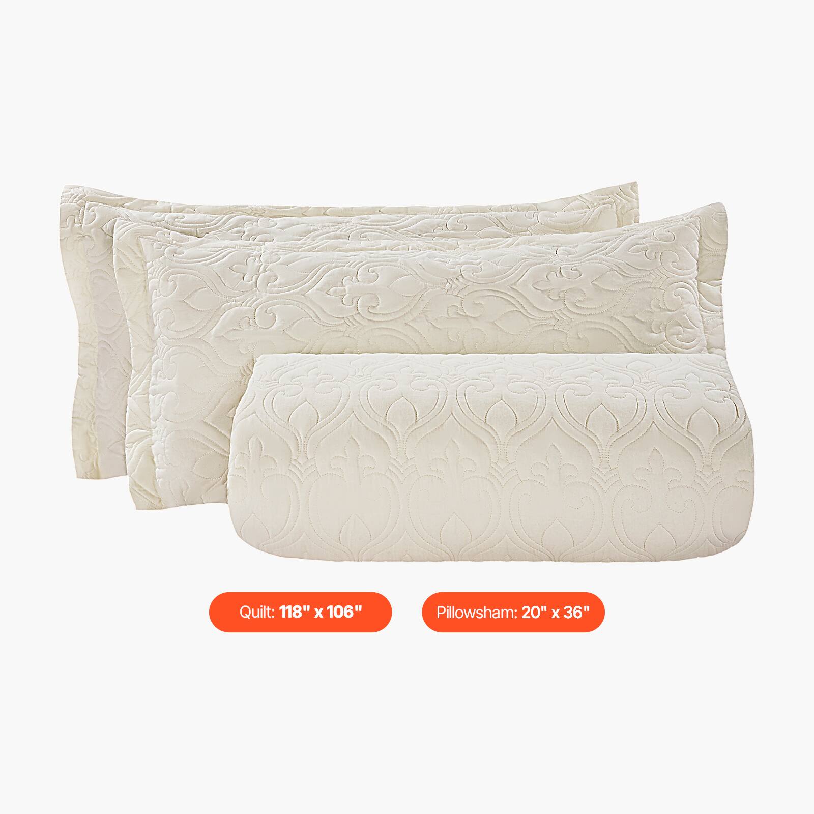 Quilt: 118" x 106"  
Pillowsham: 20" x 36"