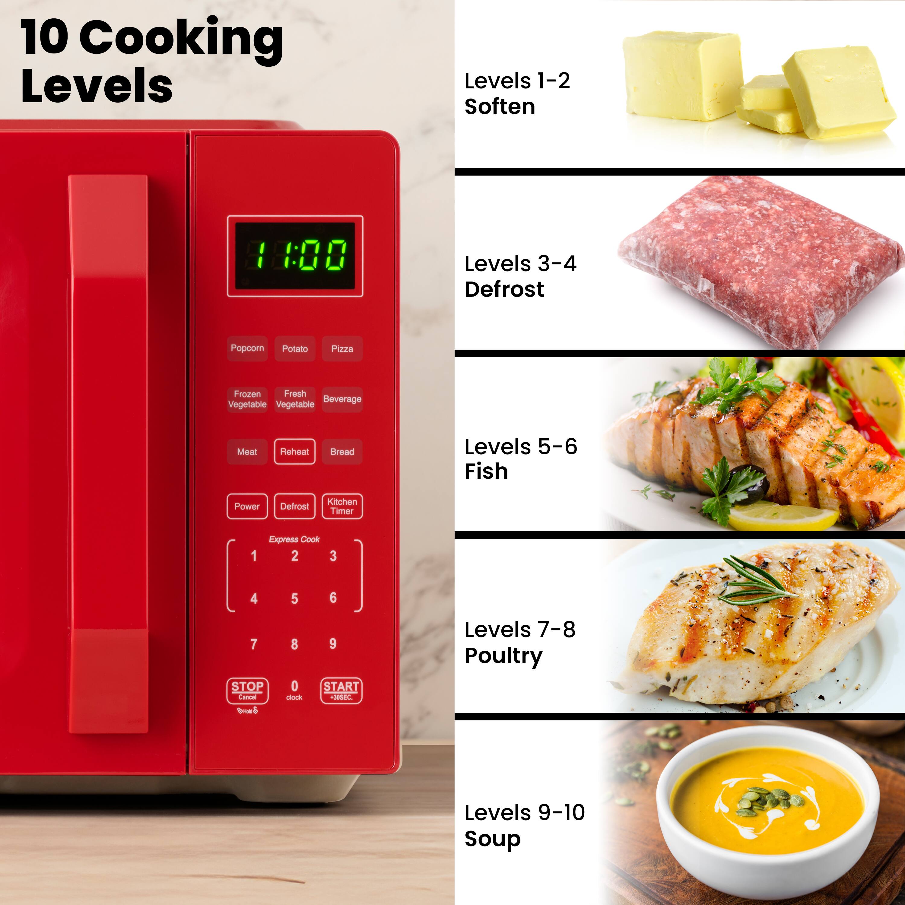 10 Cooking Levels

Levels 1-2 Soften

Levels 3-4 Defrost

Levels 5-6 Fish

Levels 7-8 Poultry

Levels 9-10 Soup
