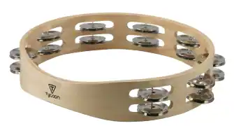 Front. Tycoon Percussion - Double-Row Wooden Tambourine, Sturdy Siam Oak Frame, Bright-Sounding Steel Jingles.