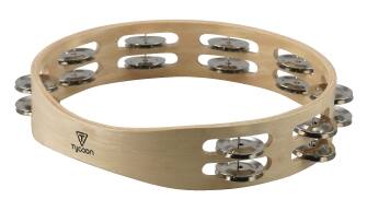 Front. Tycoon Percussion - Double-Row Wooden Tambourine, Sturdy Siam Oak Frame, Bright-Sounding Steel Jingles.