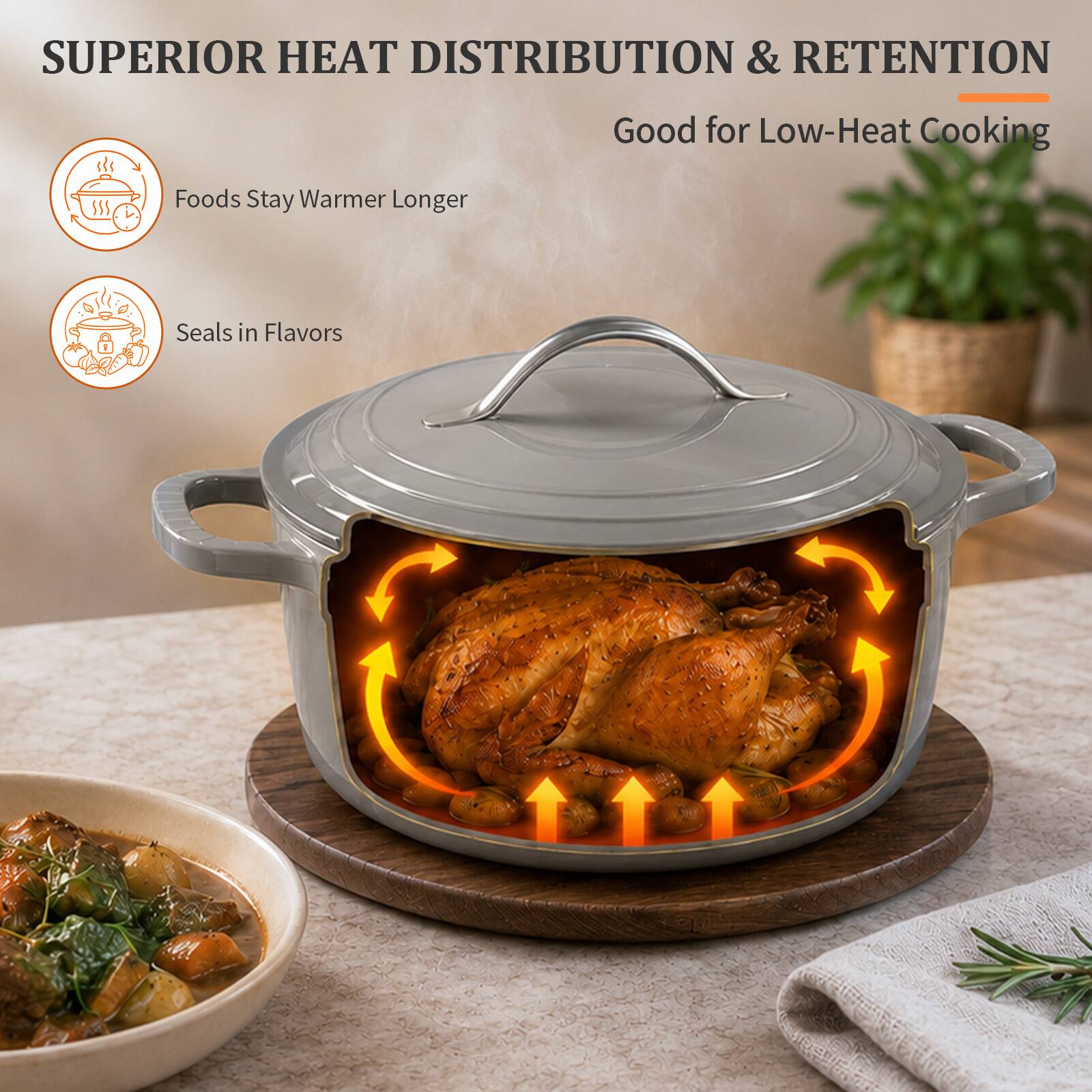 SUPERIOR HEAT DISTRIBUTION & RETENTION  
Good for Low-Heat Cooking  
Foods Stay Warmer Longer  
Seals in Flavors
