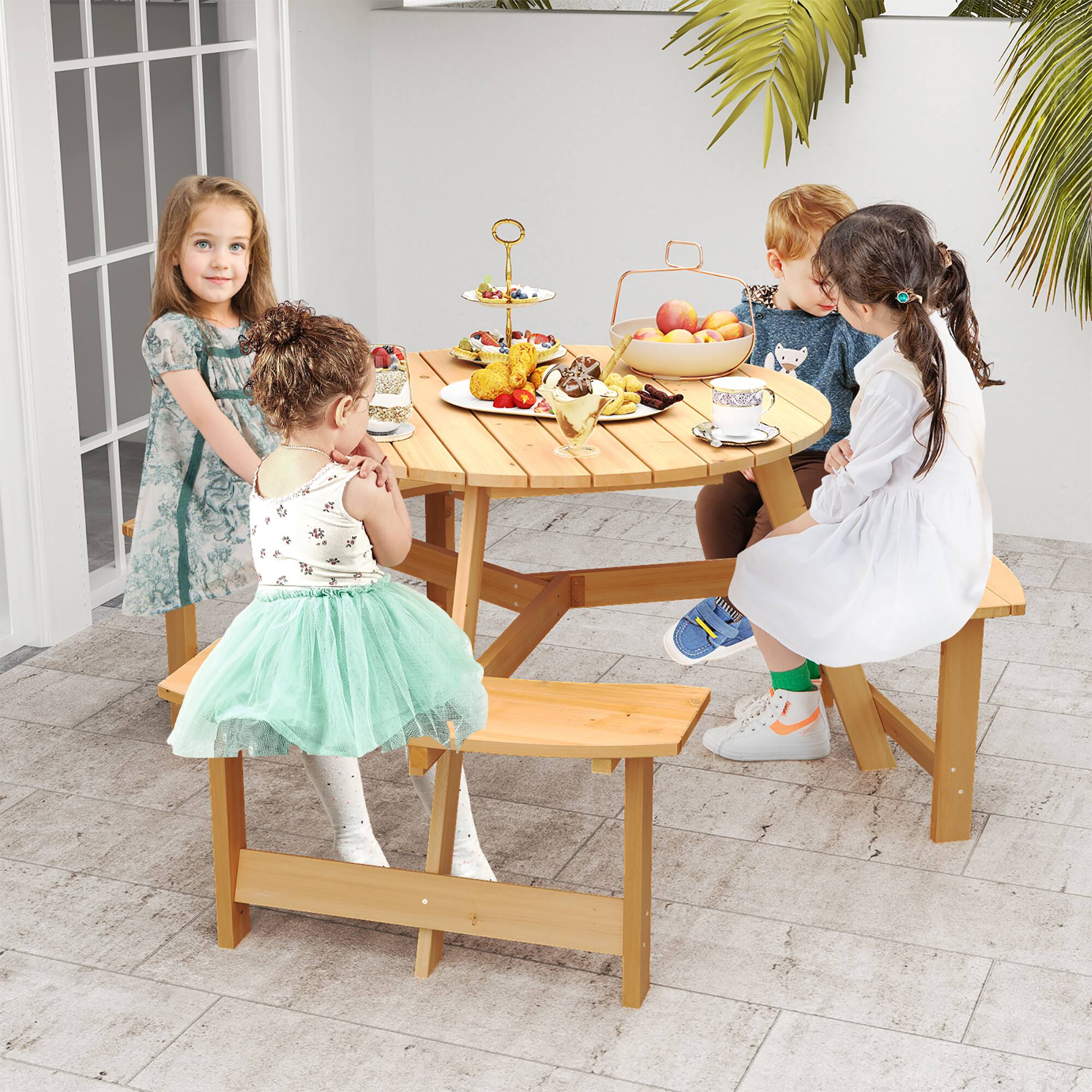 Alt View 1. Gymax - Gymax Kids Outdoor Wooden Picnic Table & Bench Set w/Umbrella Hole & Built-in Seats - Natural.