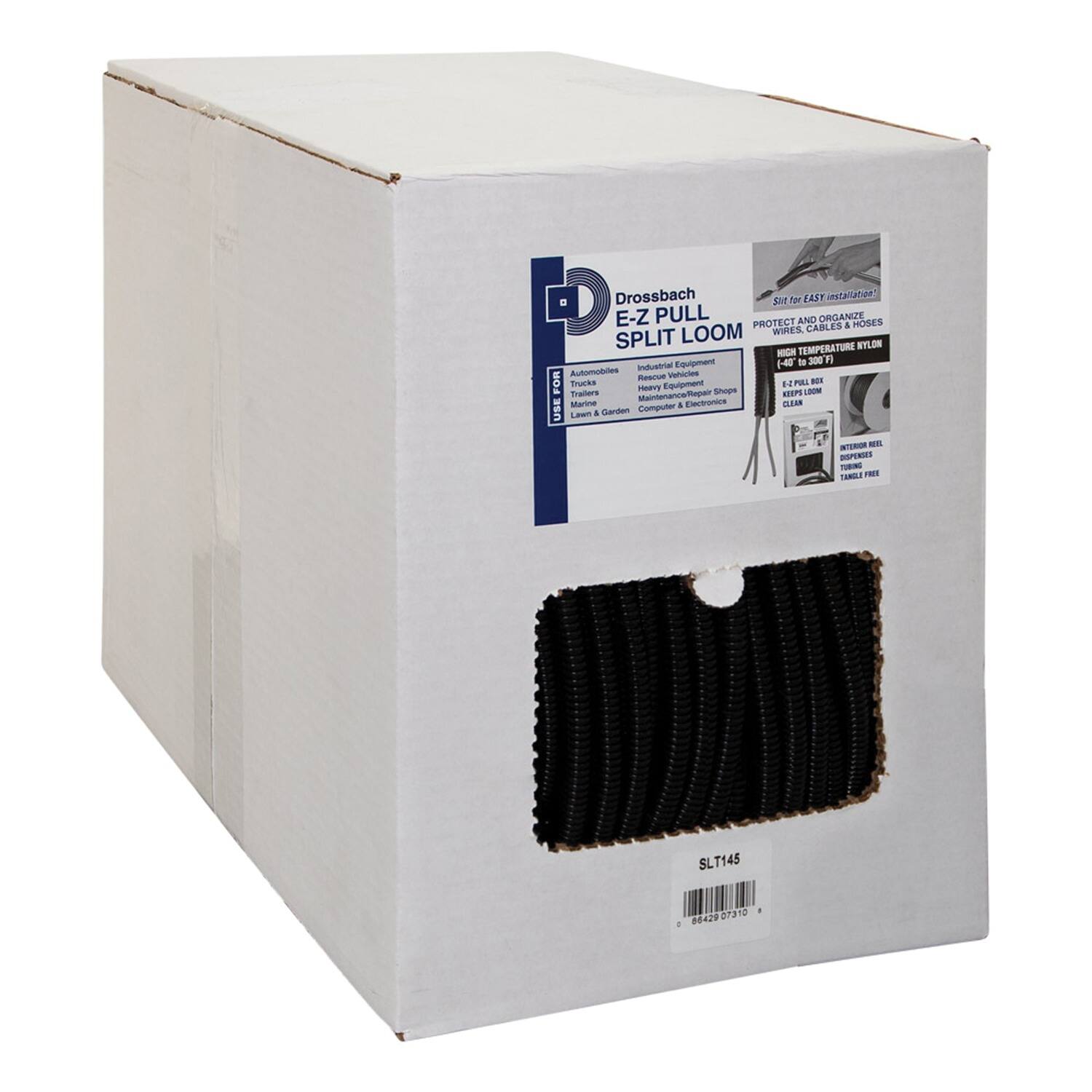 Drossbach E-Z PULL SPLIT LOOM  
PROTECT AND ORGANIZE WIRES, CABLES & HOSES  
HIGH TEMPERATURE NYLON  
-40 TO 500°F  
1" PULL BOX  
CLEAR  
SLT145  
0429 27310