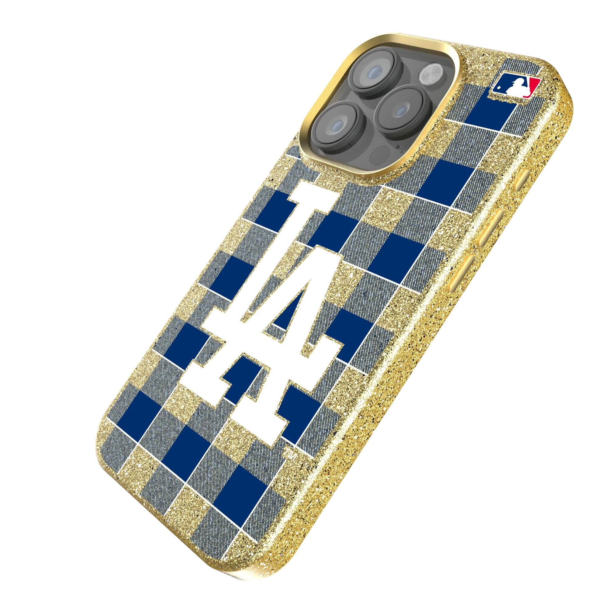 Alt View 1. Keyscaper - Los Angeles Dodgers Plaid Bling iPhone Case - 14 Pro Max - Gold.