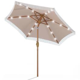 Ainfox - 7.5 FT Patio Umbrella with Fringe , Outdoor Tassel Beach Umbrella, with Crank & 18 LED Lights - Khaki