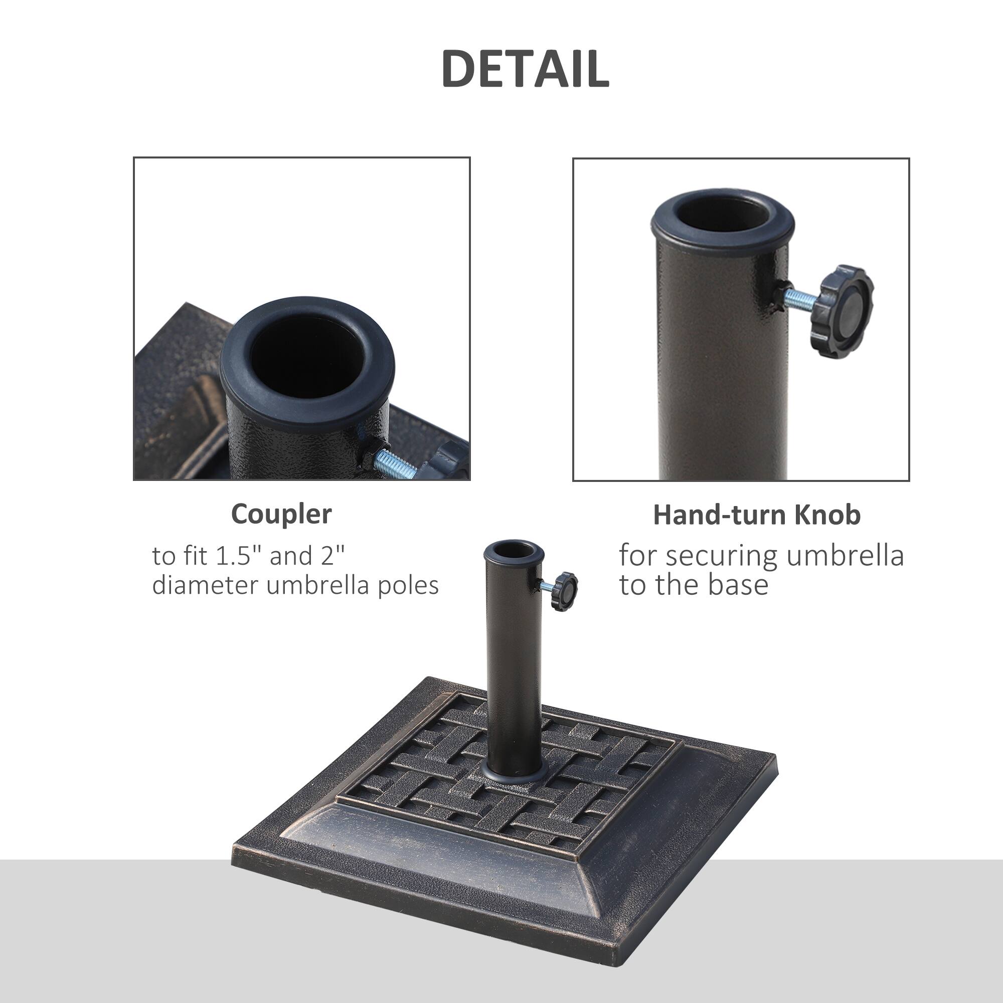 DETAIL

Coupler to fit 1.5" and 2" diameter umbrella poles

Hand-turn Knob for securing umbrella to the base