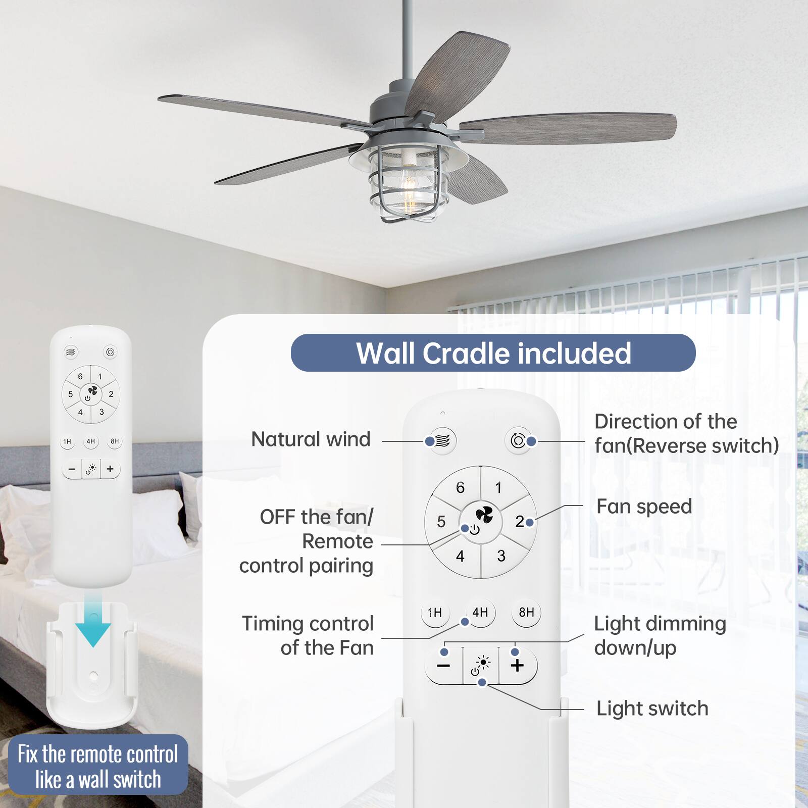 - Wall Cradle included
- Direction of the Natural wind fan (Reverse switch)
- Fan speed
- OFF the fan/ Remote control pairing
- Timing control of the Fan (1H - 4H - 8H)
- Light dimming down/up
- Light switch
- Fix the remote control like a wall switch