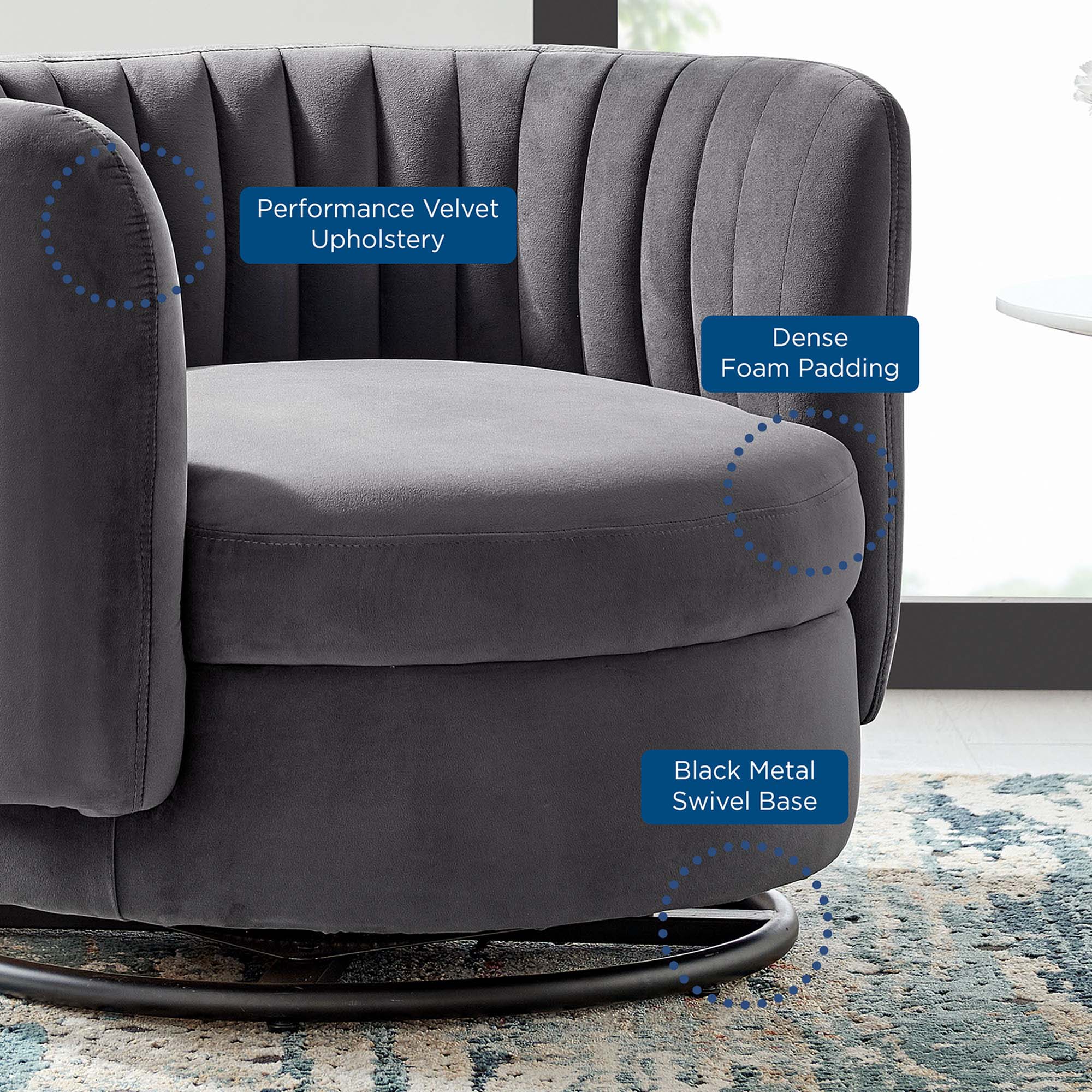 - Performance Velvet Upholstery
- Dense Foam Padding
- Black Metal Swivel Base