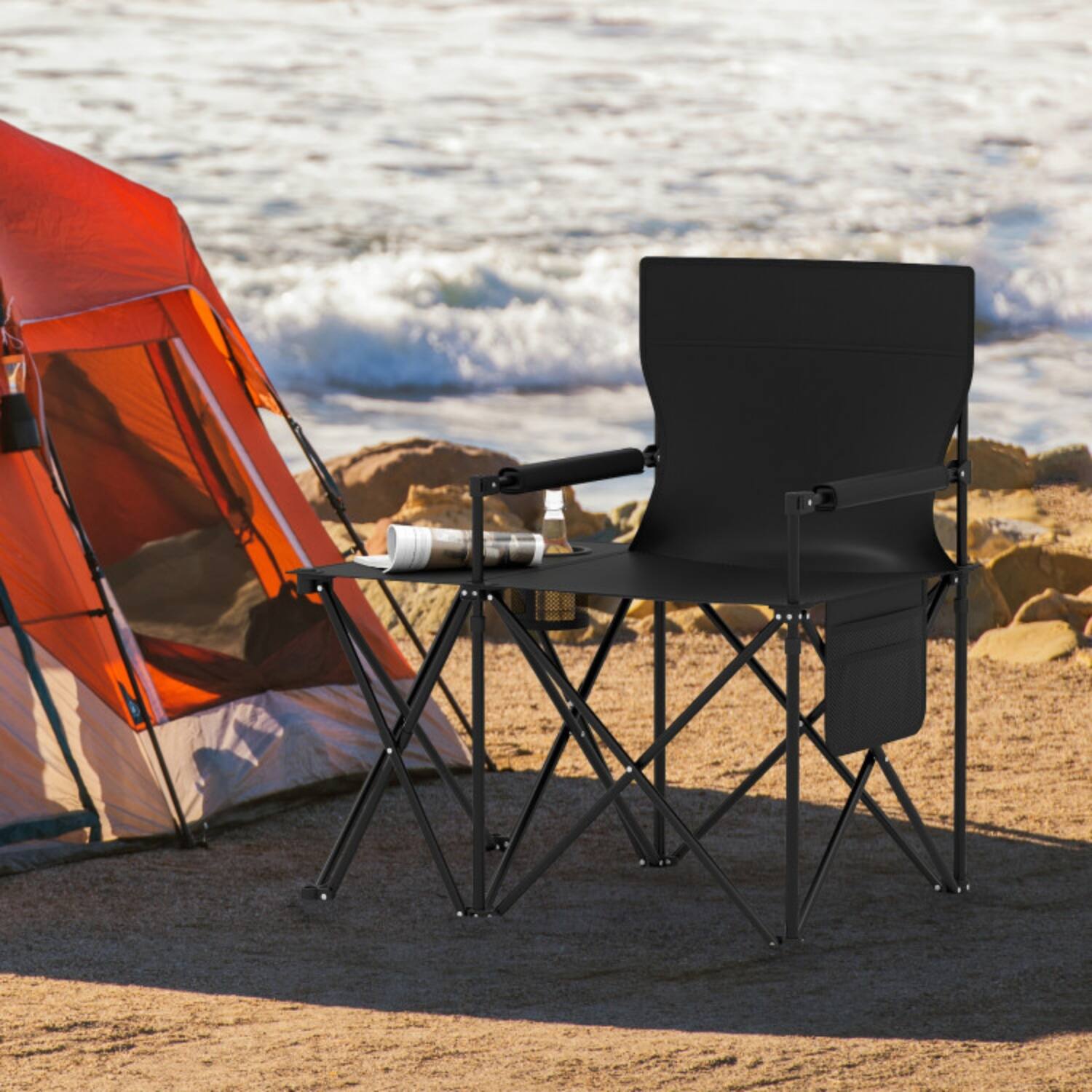 Alt View 2. Mondawe - Oversized Folding Camping Chair w Side Table & 2 Storage Pockets Heavy Duty Carry Bag 21.5" Wide - Black.