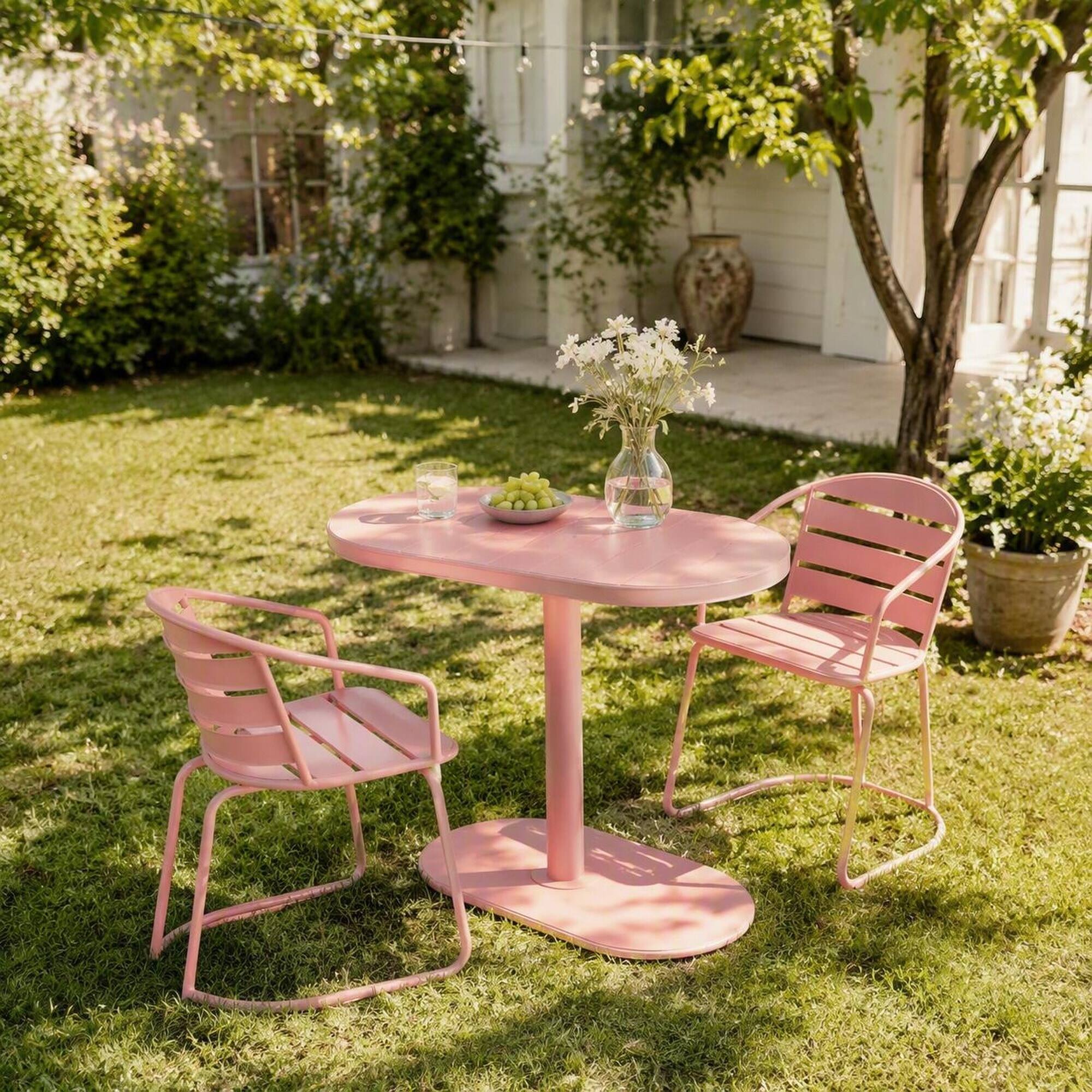 Alt View 2. RYHNUYNE - 3-Piece Pink Metal Outdoor Bistro Set,Oval Patio Table & 2 Armchairs,Outdoor Furniture for Balcony Garden Backyard - Coral.