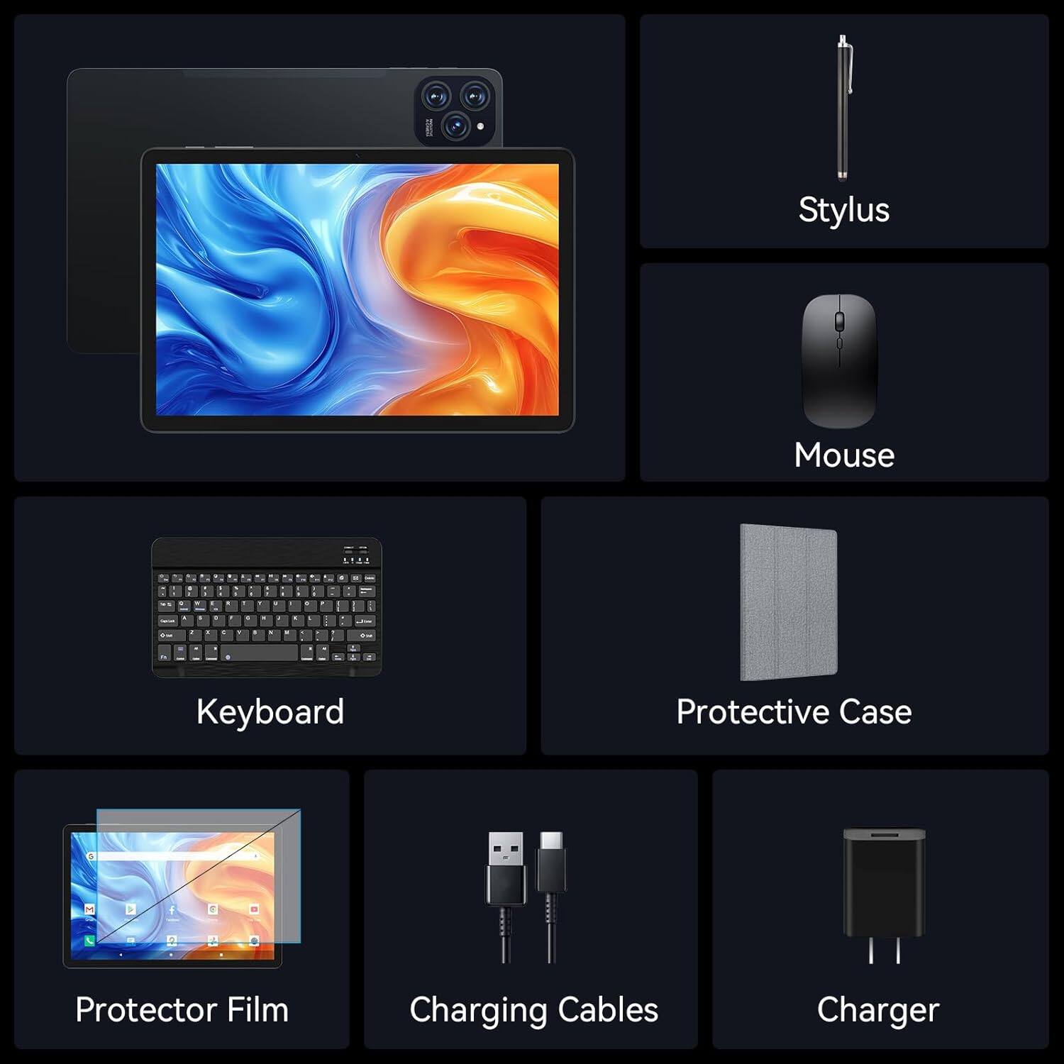 Stylus  
Mouse  
Keyboard  
Protective Case  
Protector Film  
Charging Cables  
Charger