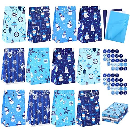 DORLUKFU - 72 Pieces Christmas Winter Candy Paper Bags 6 Design Paper Gift Treat Bags with 72 Tissue Paper and 72 Stickers Paper - Blue