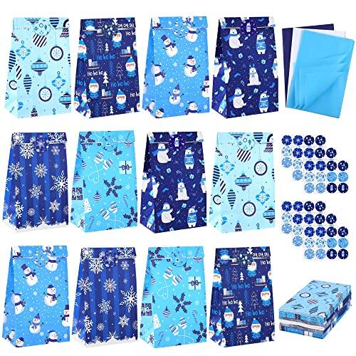 Front. DORLUKFU - 72 Pieces Christmas Winter Candy Paper Bags 6 Design Paper Gift Treat Bags with 72 Tissue Paper and 72 Stickers Paper - Blue.