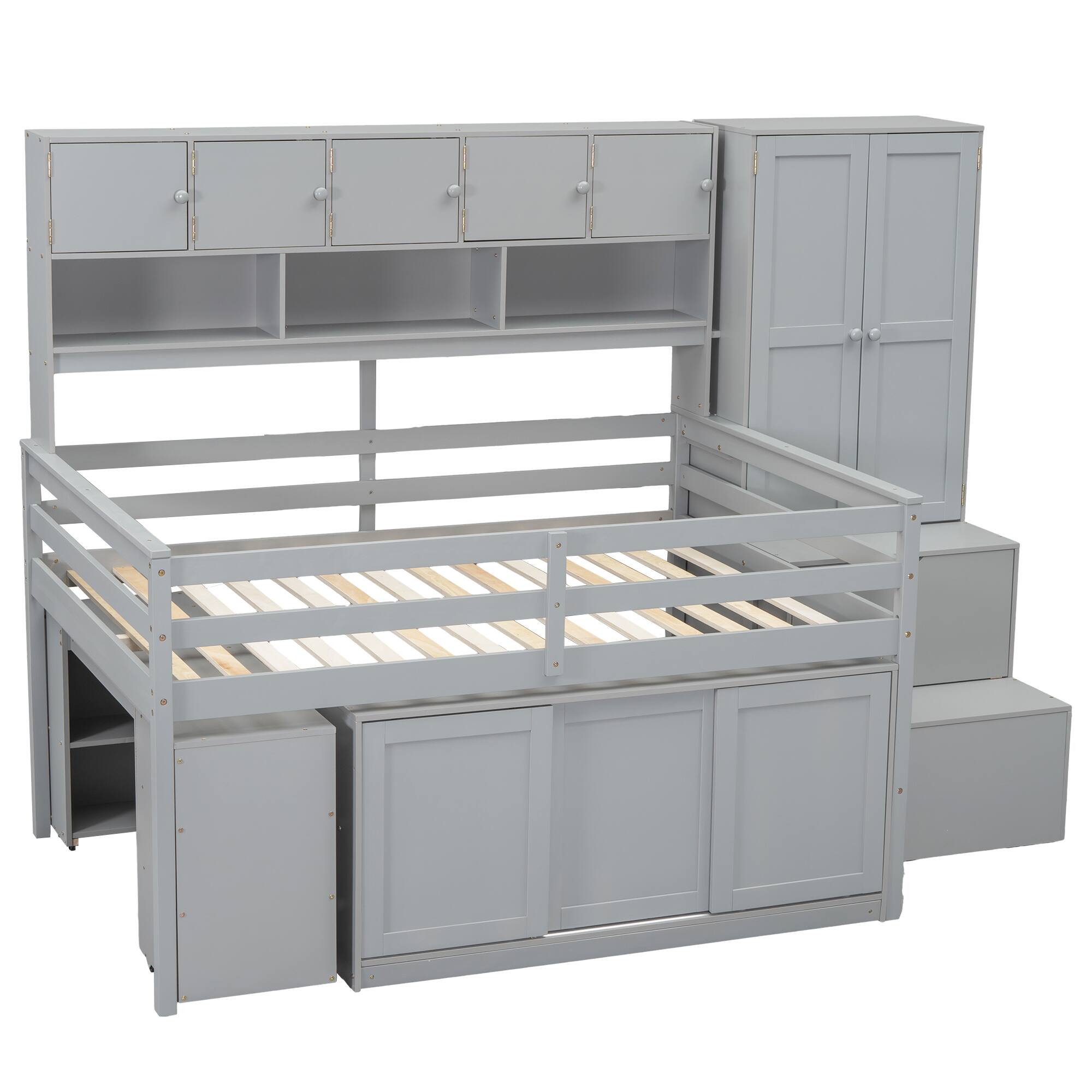 Alt View 5. Tiramisubest - Full Size Gray Wooden Loft Bed with Storage, Desk, Drawers & Shelves - Gray.
