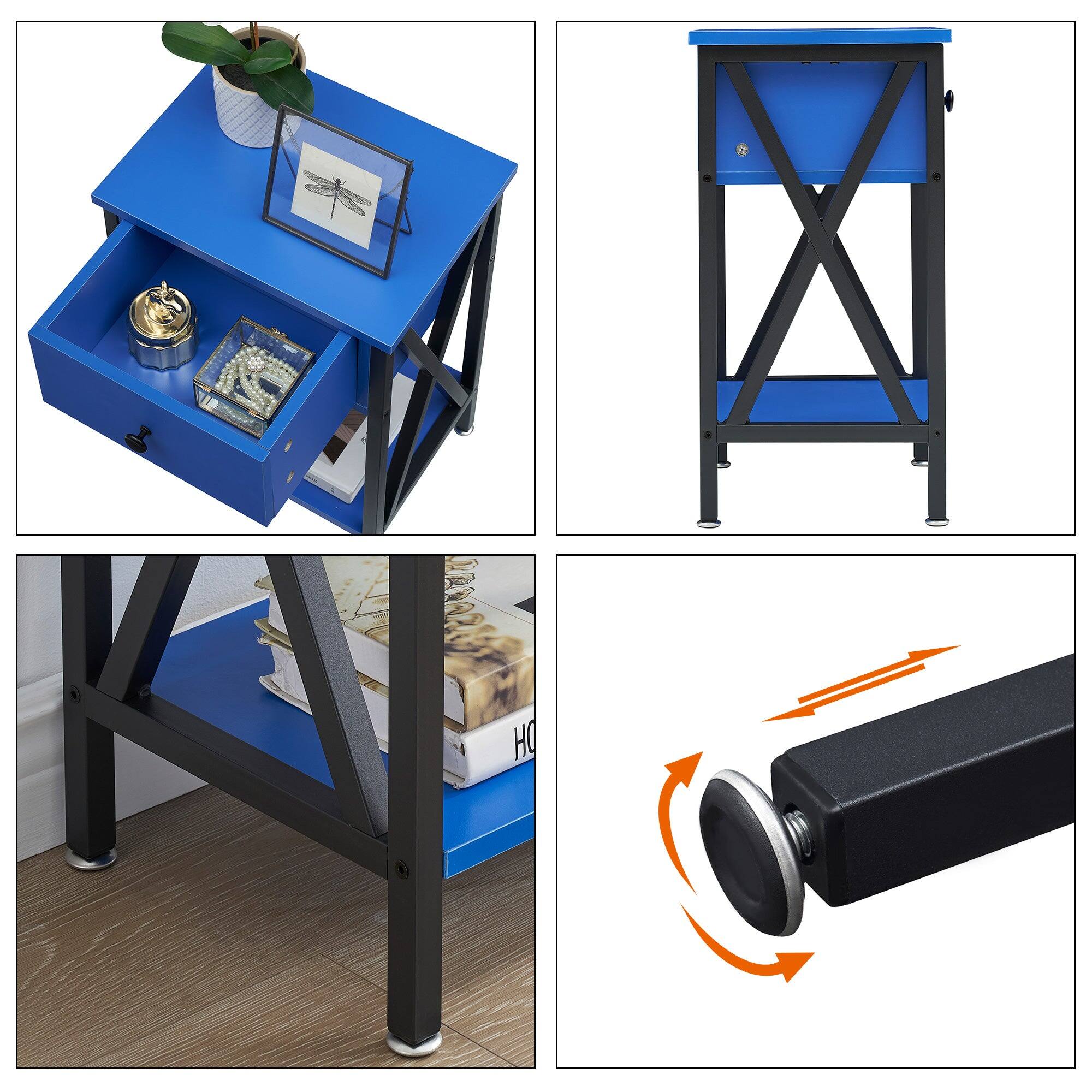 Left. Vecelo - Set of 2 Nightstand with Drawer - Bedside Table with Storage Shelf, Compact End Table for Bedroom, MDF Wood Nightstand - Dark Blue.