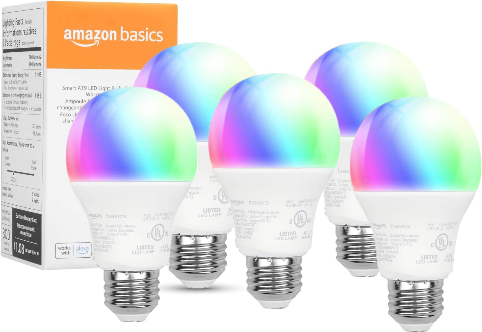 Amazon - Basics - Smart A19 LED Light Bulb - Color Changing 5 pack bundle price history on PriceWatchPro