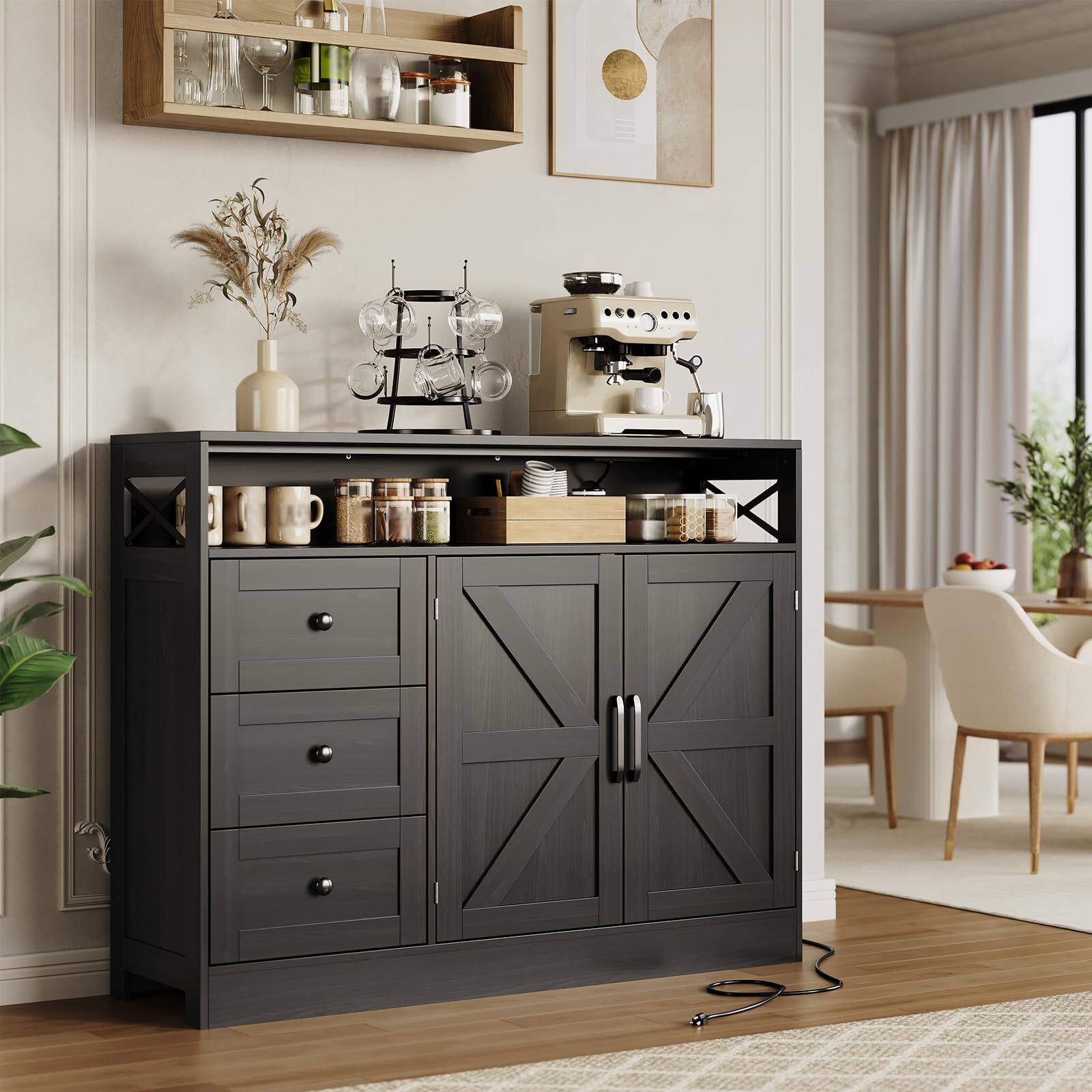 Front. Qeetex - 47" Farmhouse Sideboard Buffet Cabinet with 2 Barn Doors, 3 Drawers, Built-in Power Outlet - Black.