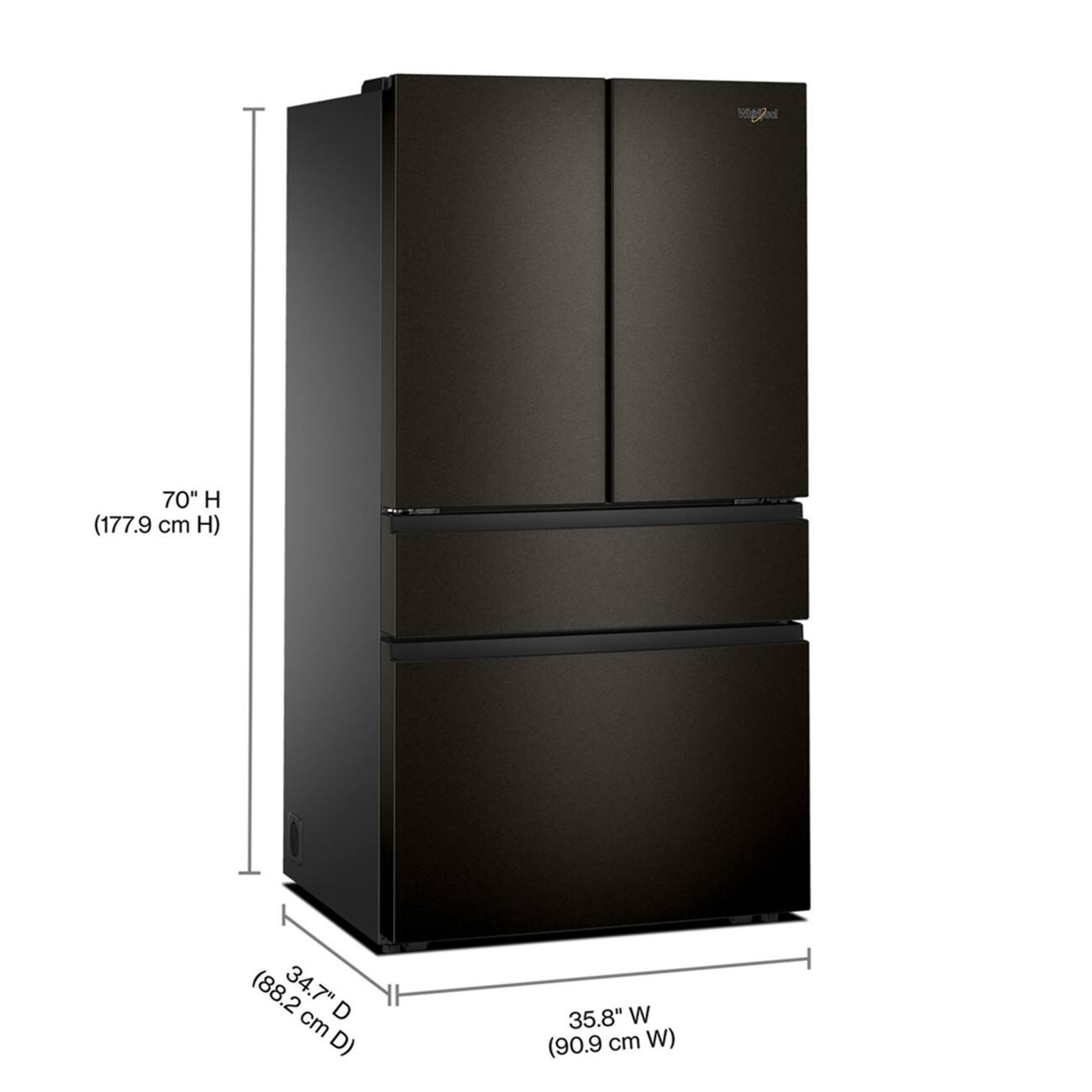 70" H (177.9 cm H) 34.7" D (88.2 cm D) 35.8" W (90.9 cm W)