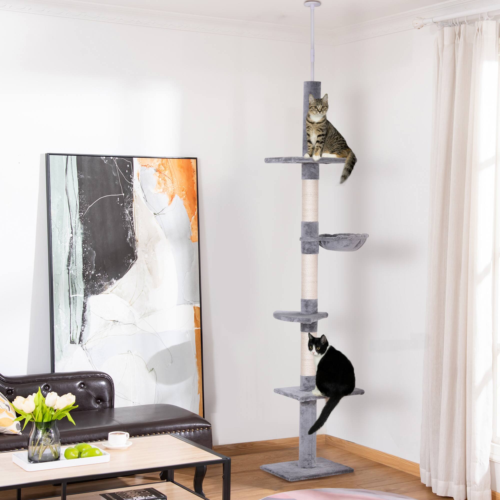 Angle. TinyHomie - 9FT Adjustable Height Floor-To-Ceiling Vertical Cat Tree - Grey and White - Gray.