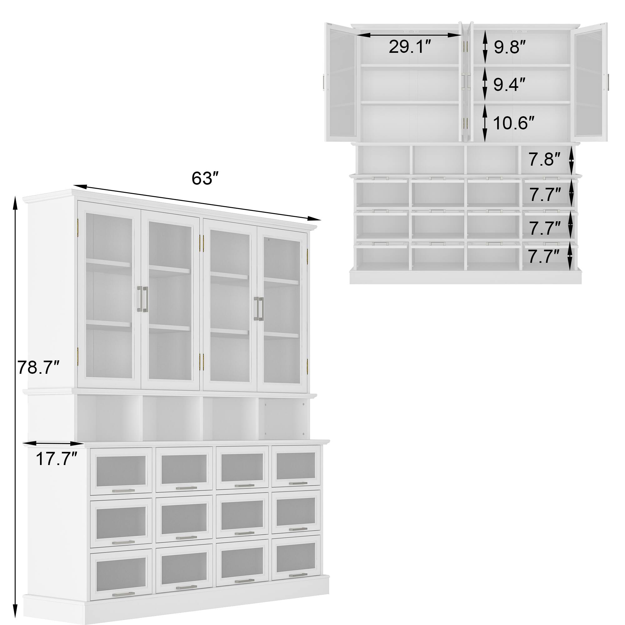 - 29.1"
- 9.8"
- 9.4"
- 10.6"
- 7.8"
- 7.7"
- 7.7"
- 7.7"
- 63"
- 78.7"
- 17.7"