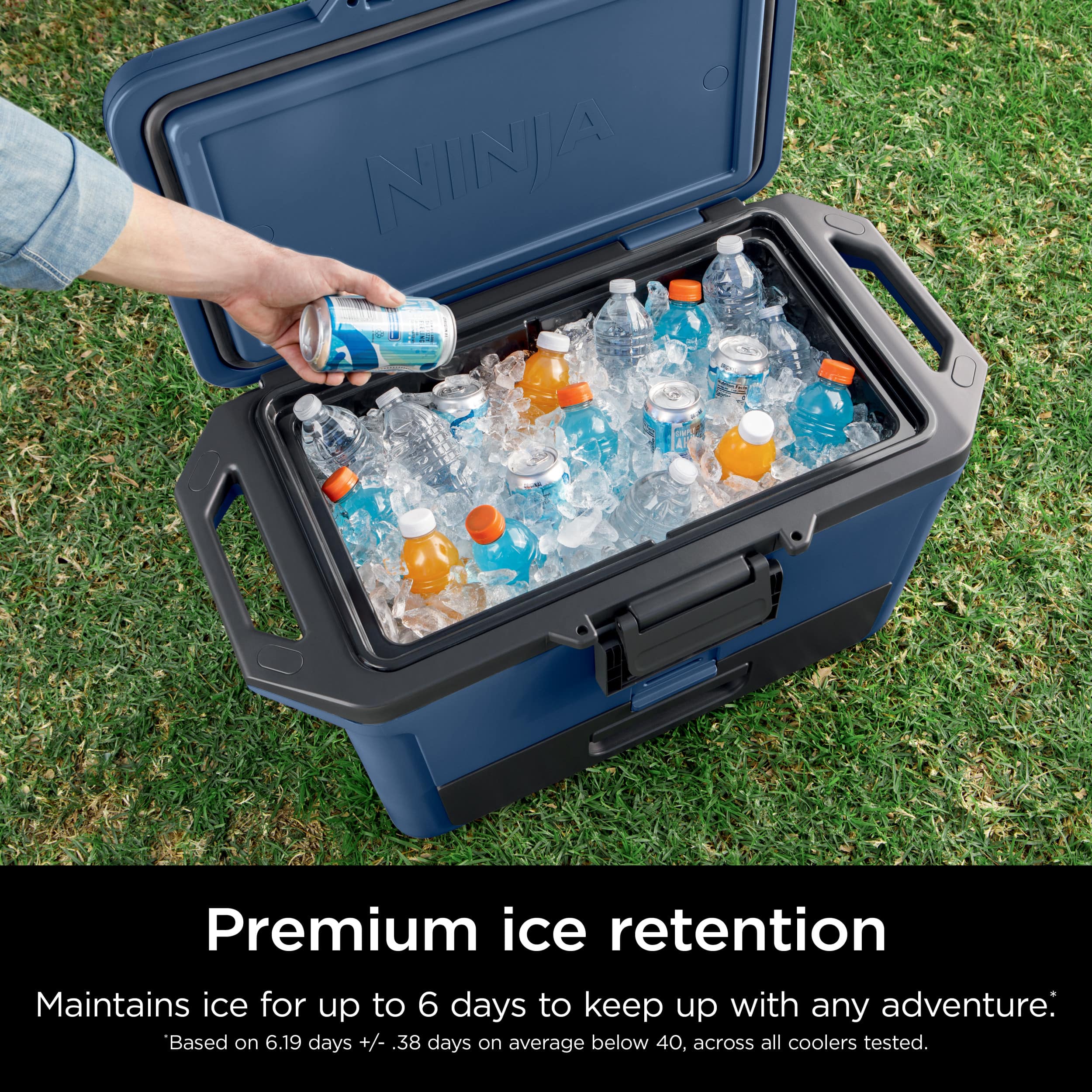 INIINJA Premium ice retention Maintains ice for up to 6 days to keep up with any adventure: Based on 6.19 days +/- .38 days on average below 40, across all coolers tested.