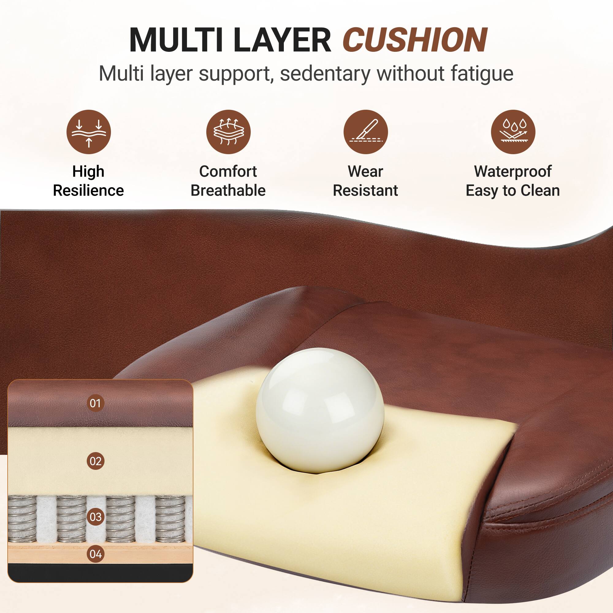 MULTI LAYER CUSHION

Multi layer support, sedentary without fatigue

High Resilience
Comfort Breathable
Wear Resistant
Waterproof Easy to Clean

01
02
03
04