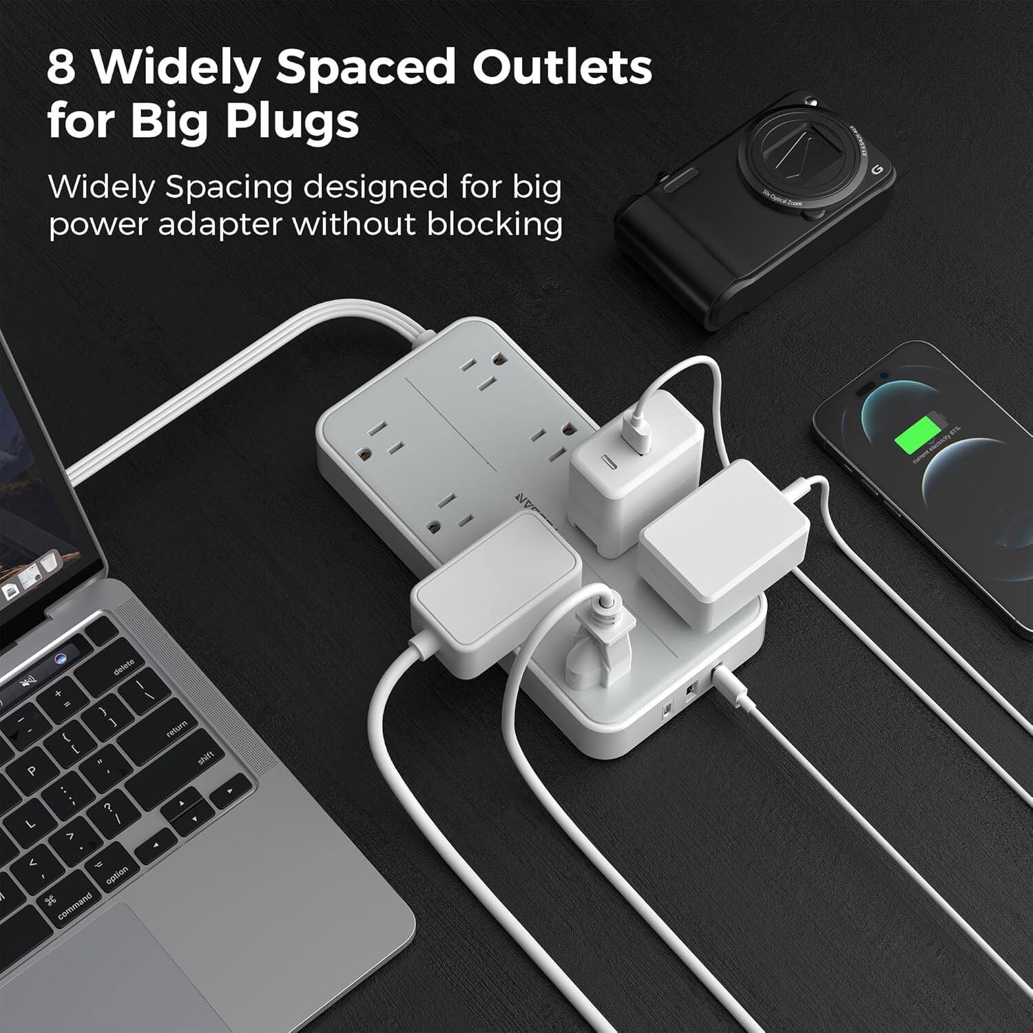 8 Widely Spaced Outlets for Big Plugs

Widely Spacing designed for big power adapter without blocking