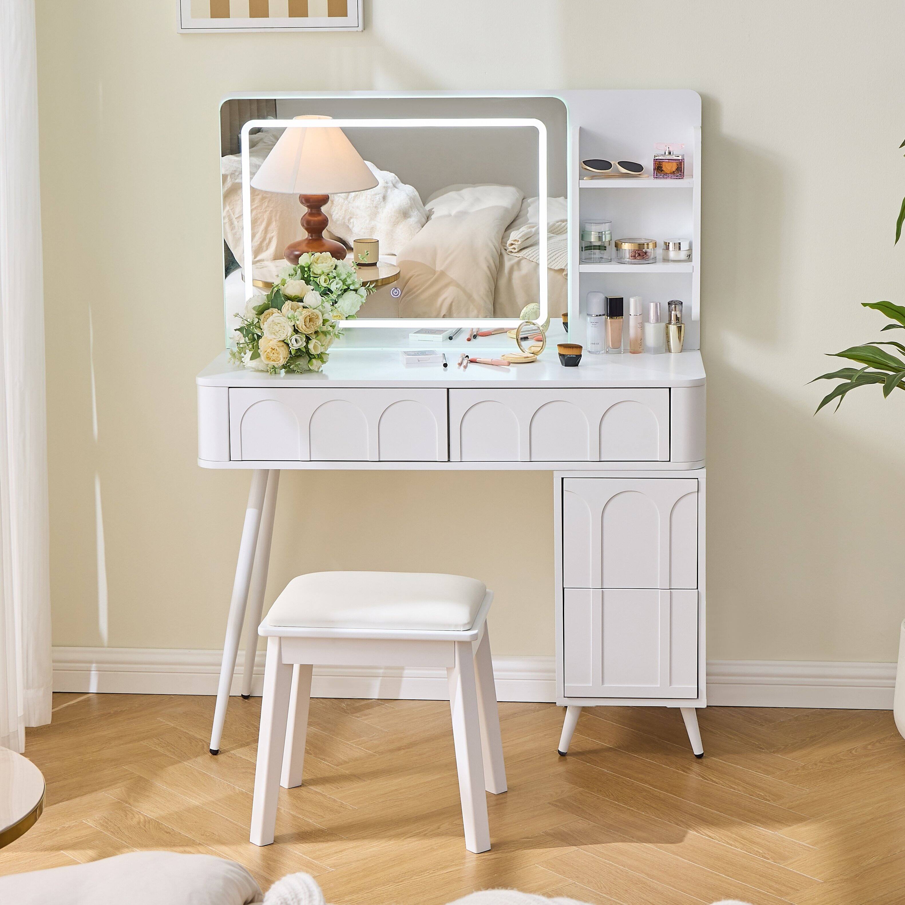 Angle. Lirago - Modern Wood Dresser Table Desk  Makeup Vanities Dressing Table Set with Stool 52.5"H x 16"D x 40"W White - White.