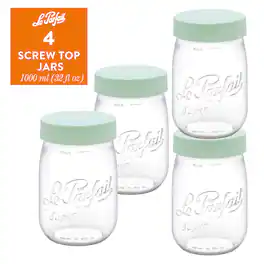 Le Parfait - Screw Top Jar - 1L Wide Mouth French Glass Canning Jar w/ Color Plastic Lid, 32oz/Quart (Pack of 4) - MINT