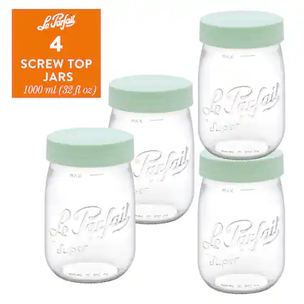 Le Parfait
4 Screw Top Jars
1000 ml (32 fl oz)
Le Parfait "Super"
1000 ml (32 fl oz)