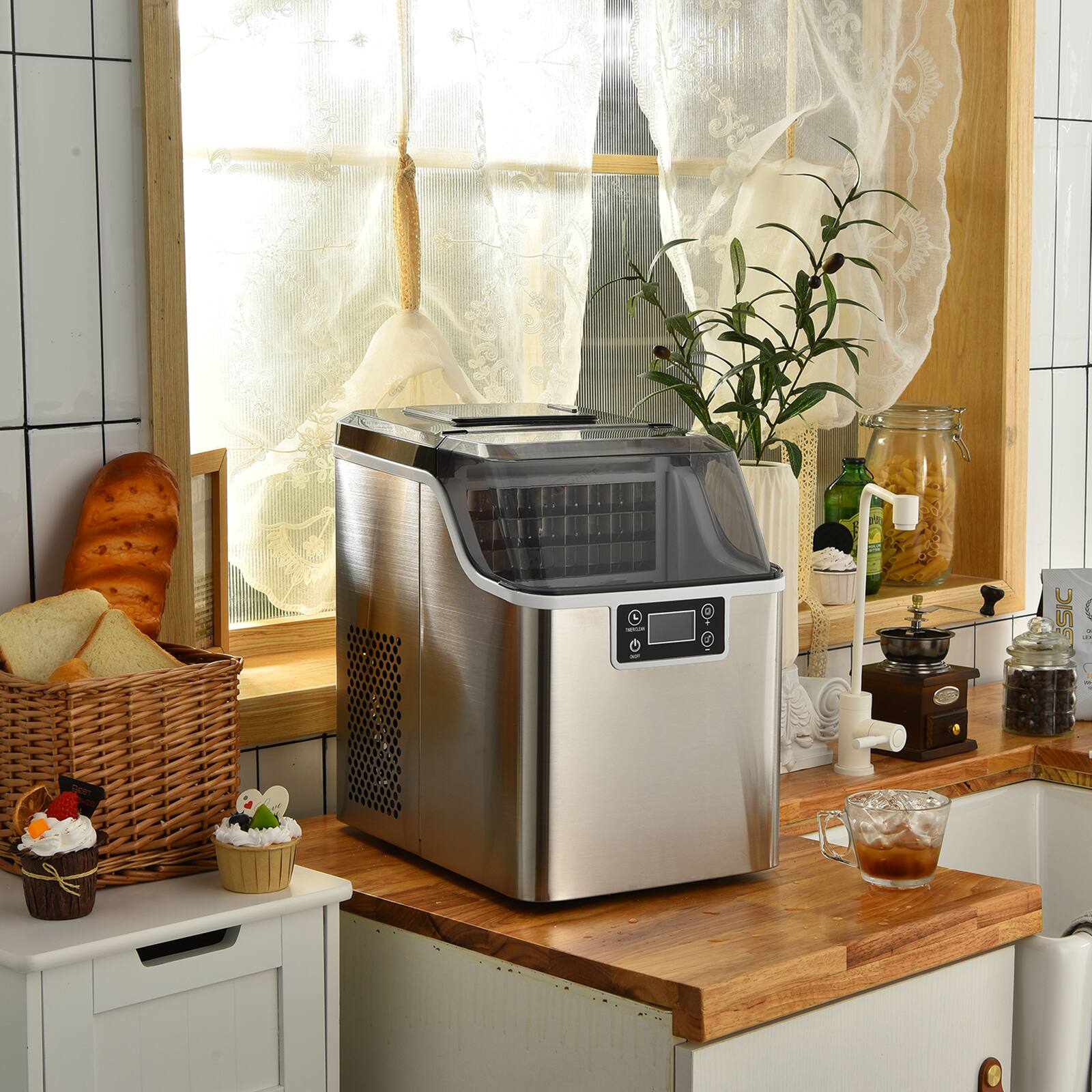 Angle. Sugift - 44lbs/24H Stainless Portable Countertop Self-Clean Ice Maker, 24 Square Cubes with LCD Display - Silver.