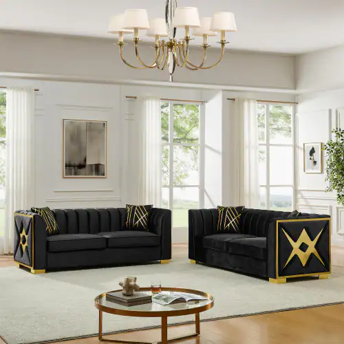 Angle. Anysun - 81" 3-Seat Velvet Chesterfield Sofa - Button Tufted, Gold Stainless Steel Accents, Includes 2 Pillows - Black.