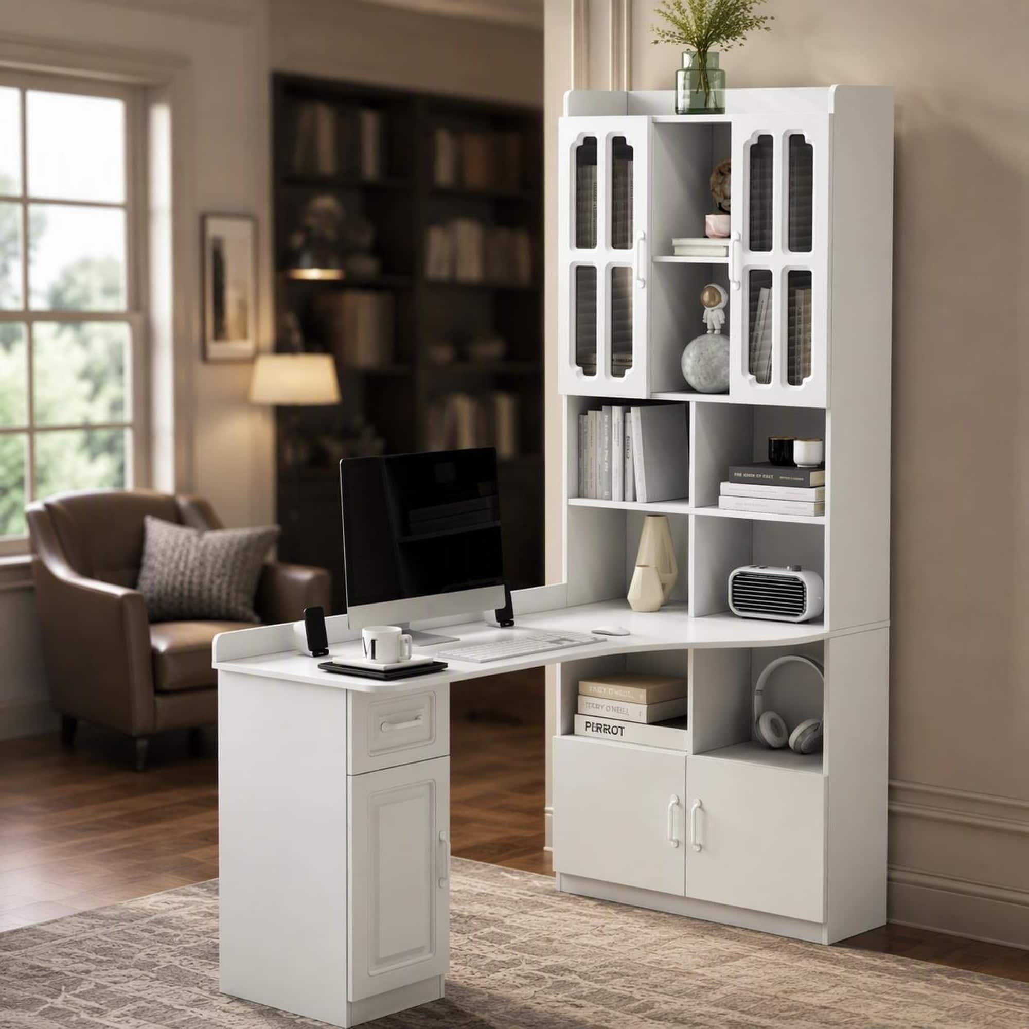 RYHNUYNE - L-Shaped Corner Computer Desk, 15mm Particle Board Workstation with Drawer, Bookshelf and Hutch, 2-in-1 Storage - White