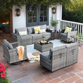Ovios - 9 PCS Outdoor Patio Furniture Rattan Sectional Sofa Swivel Rocking Chairs with Coffee Table - Dark Gray