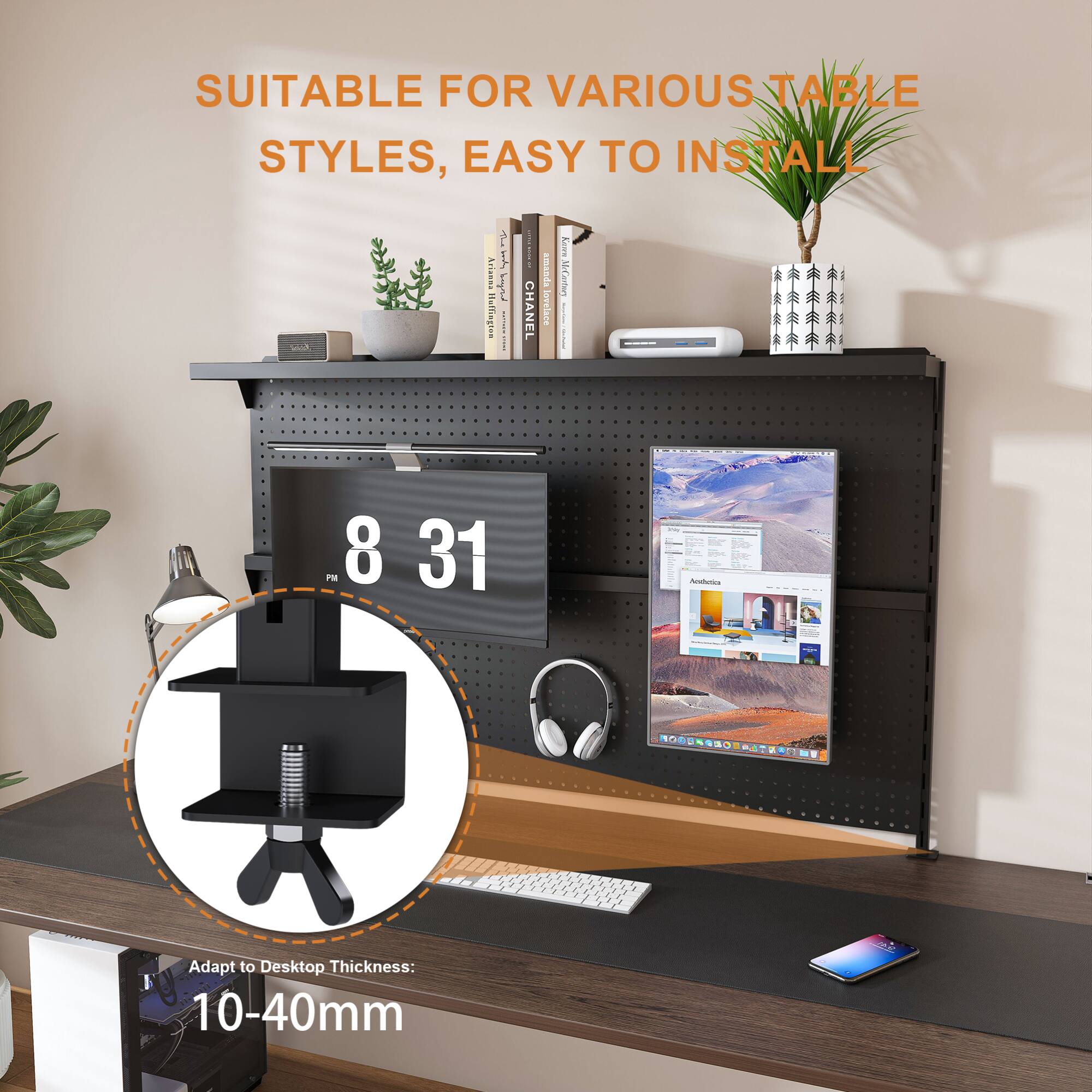 SUITABLE FOR VARIOUS TABLE STYLES, EASY TO INSTALL

Adapt to Desktop Thickness: 10-40mm