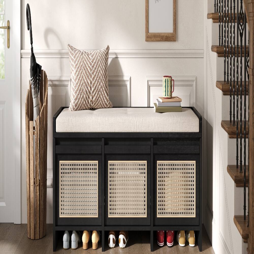 Back. Ropilly - Ropilly 48 Inch Black Entryway Shoe Bench with Rattan Drawers, Retro Storage Bench for Hallway - Black.