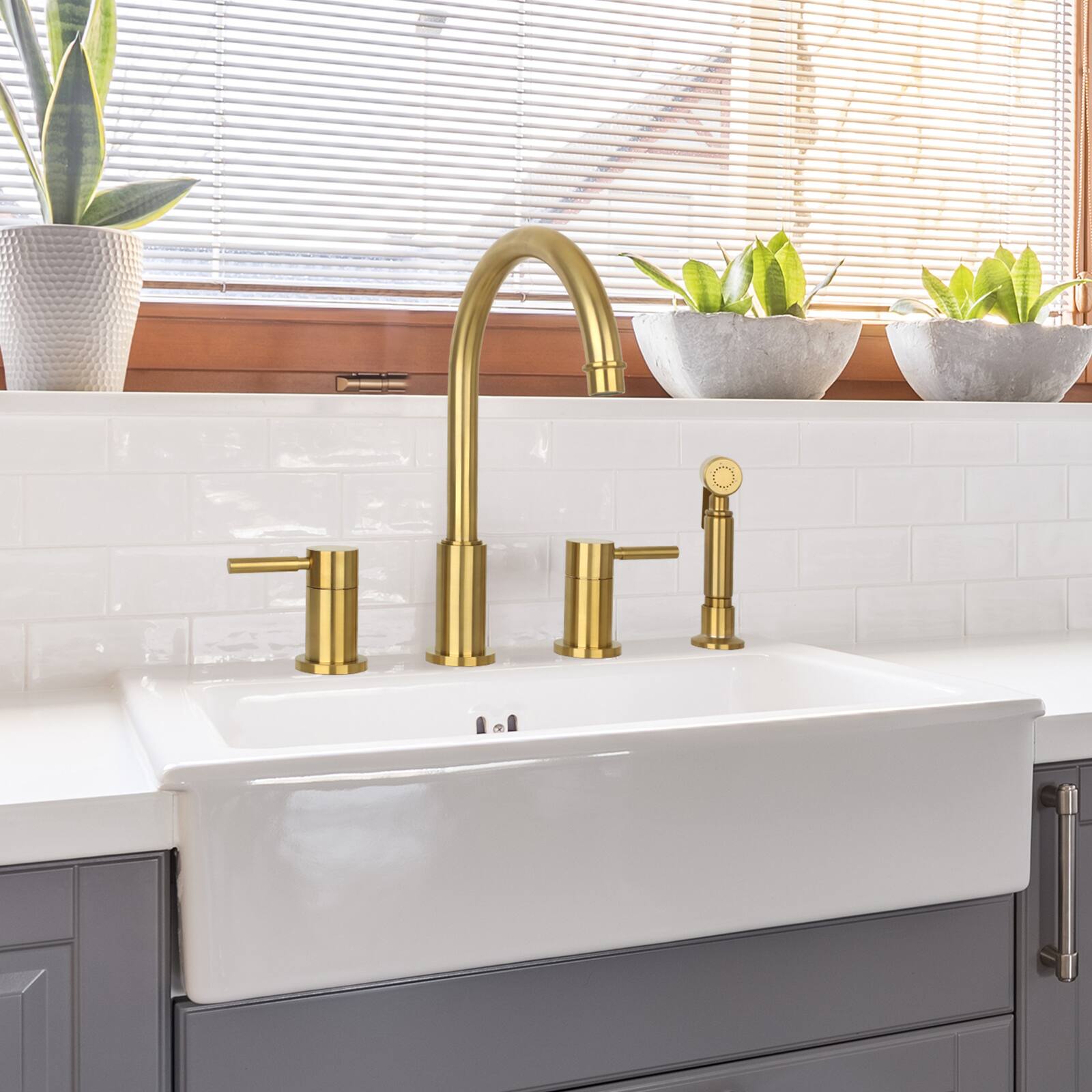 Alt View 3. Akicon - Akicon Solid Brass Double-Handle 360° Swivel Widespread Kitchen Faucet with Side Sprayer in Brushed Gold - Brushed Gold.