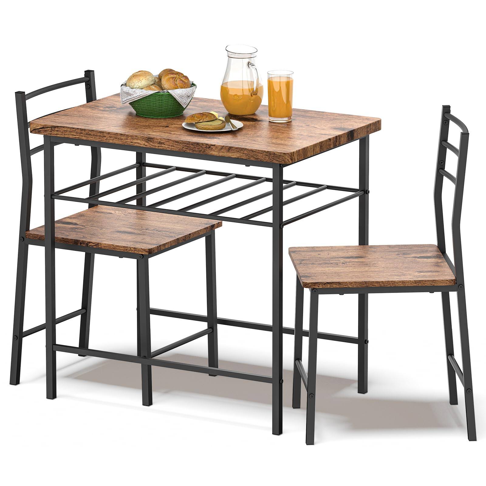 SKONYON - 3-Piece Dining Table Set with Storage Rack for Kitchen or Small Spaces - Brown