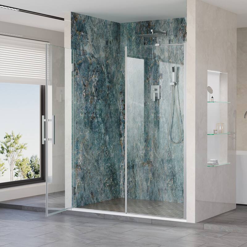 Left. WELLFOR - 57–58 in. W x 72 in. H Frameless Hinged Shower Door with 3/8" Clear Tempered Glass, Reversible Opening - Chrome.