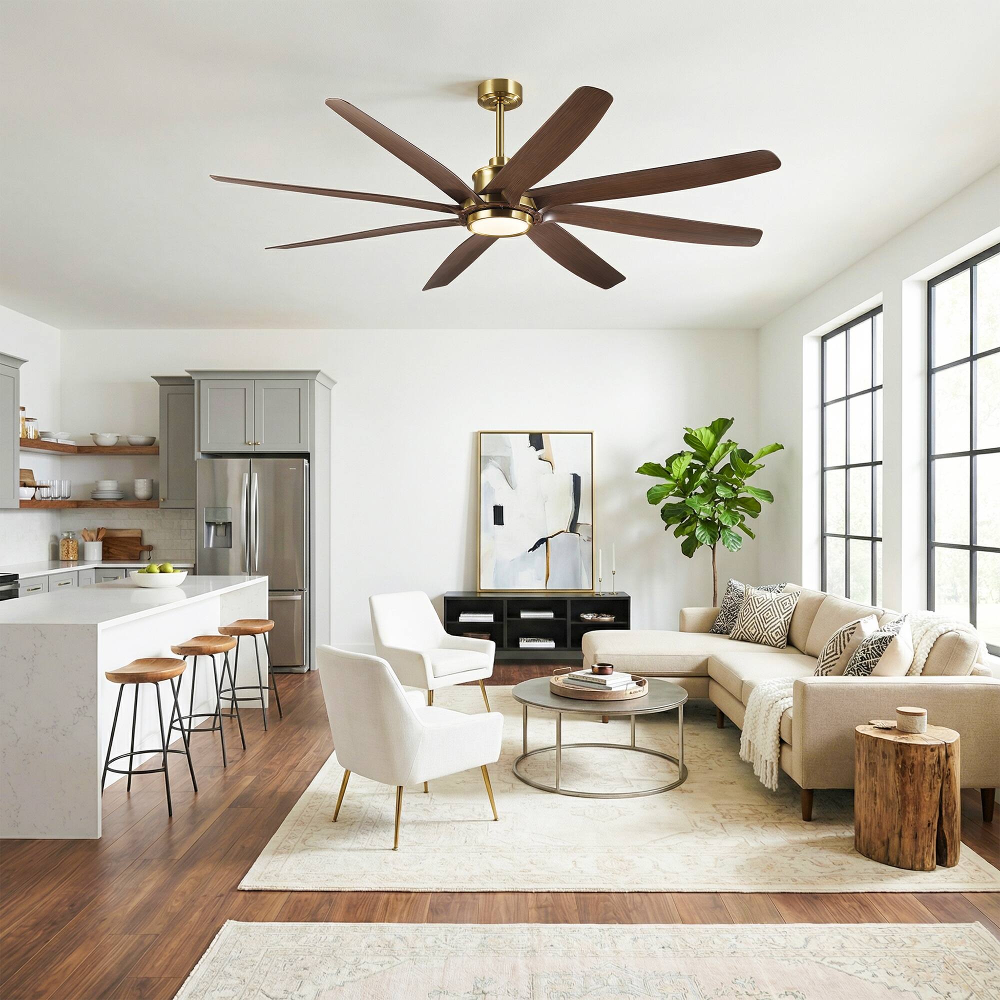 Angle. Parrot Uncle - 72" Brass Farmhouse Windmill Ceiling Fan with Light and Remote - Brass.