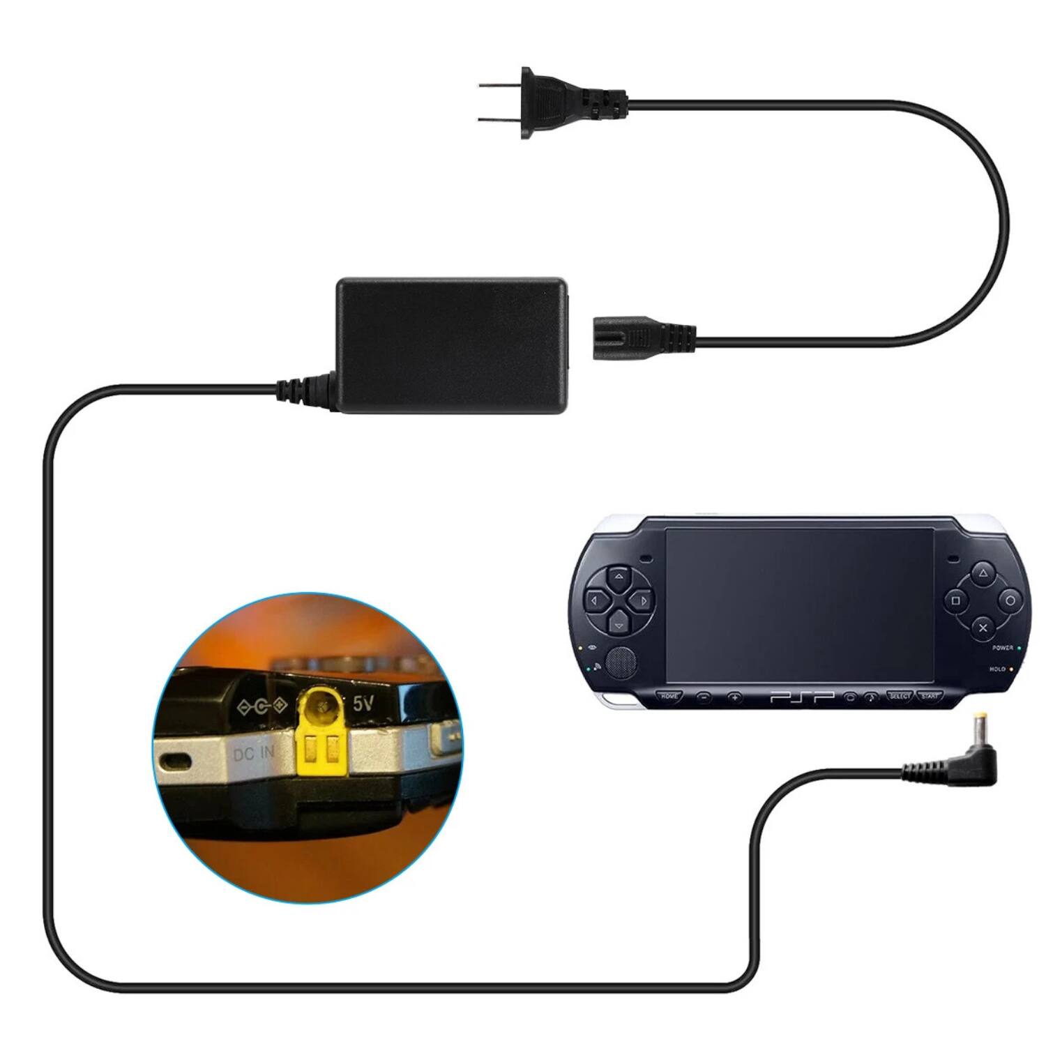 Left. Stock Preferred - 5V AC Adapter Wall Charger for Sony PSP 1000 / 2000 / 3000 - Black.